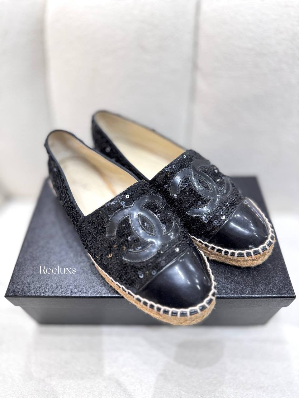 Chanel Black Sequinned Tweed & Leather CC Espadrilles