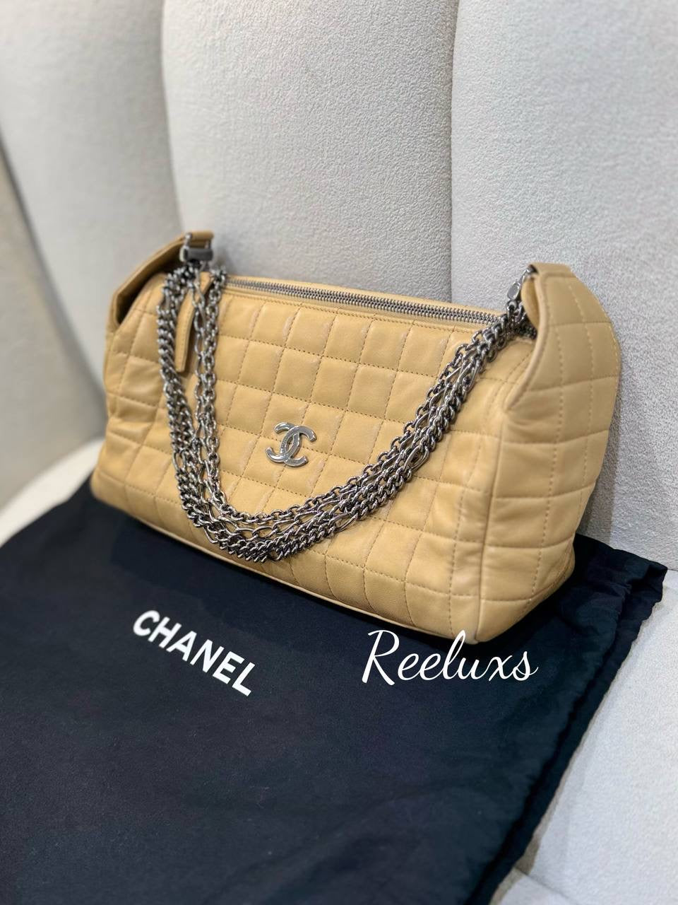 CHANEL Beige  Chocolate Bar Leather Multiple Chain Baguette Bag