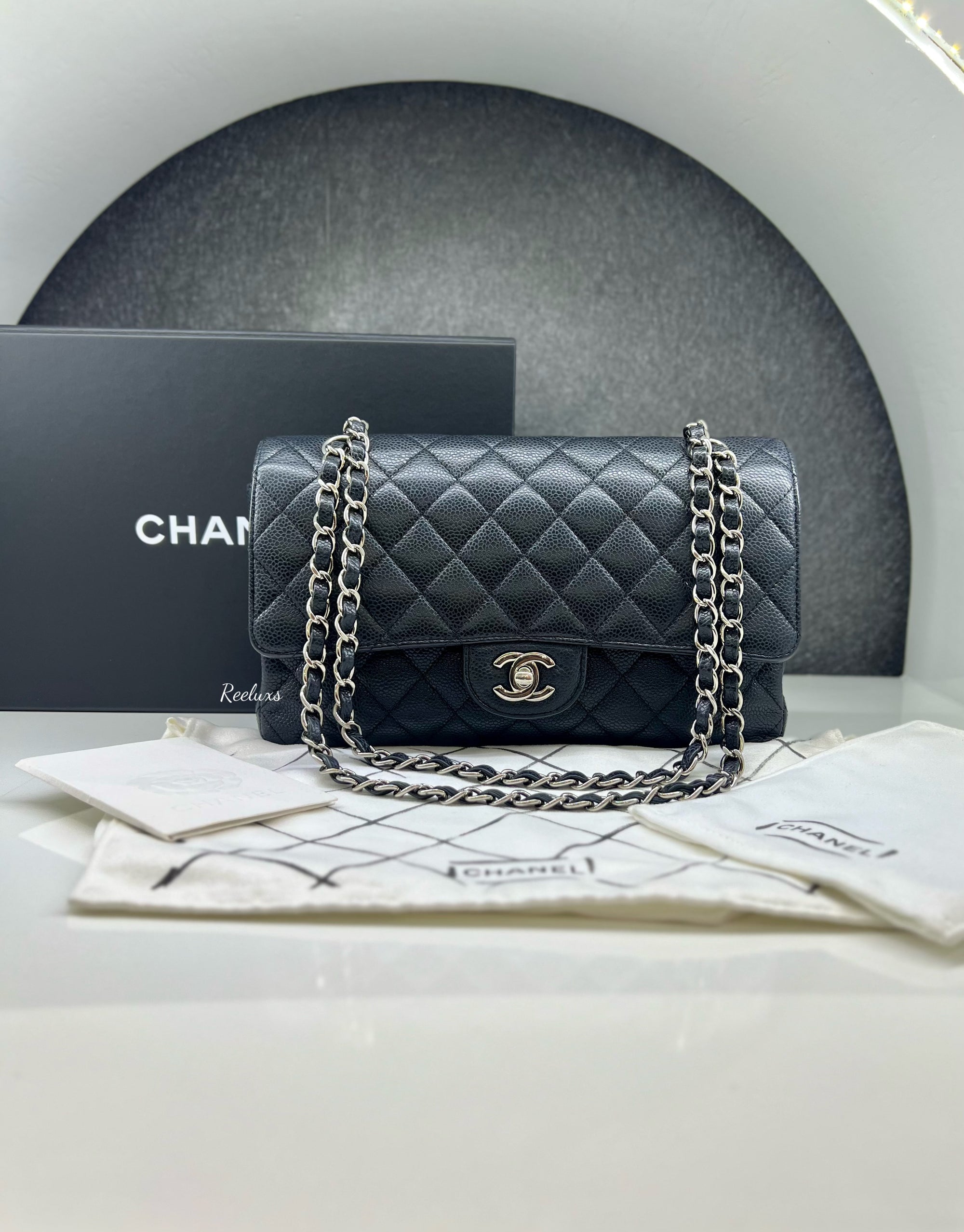 CHANEL Black Caviar Skin Classic Double Flap SHW Shoulder Bag