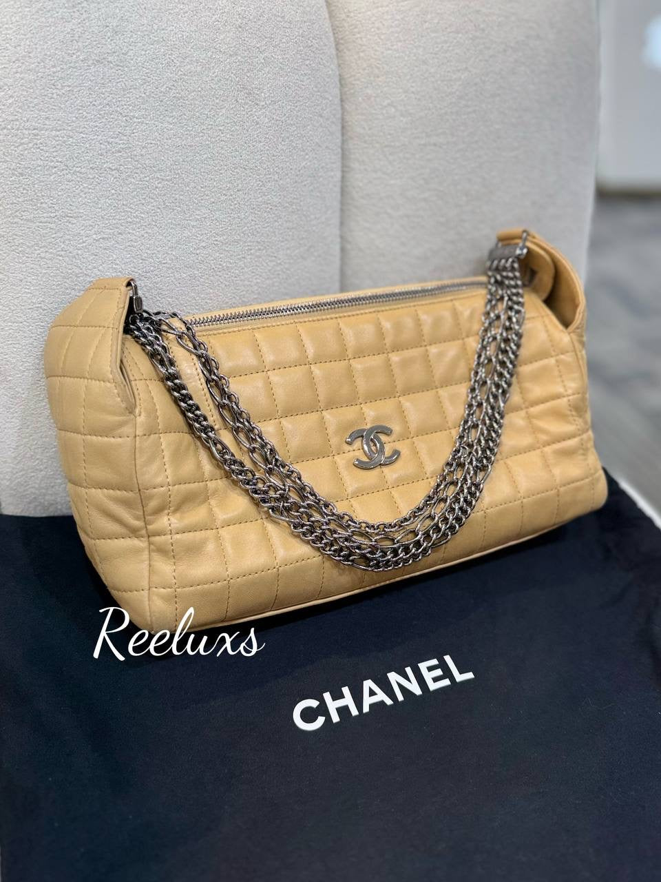 CHANEL Beige  Chocolate Bar Leather Multiple Chain Baguette Bag
