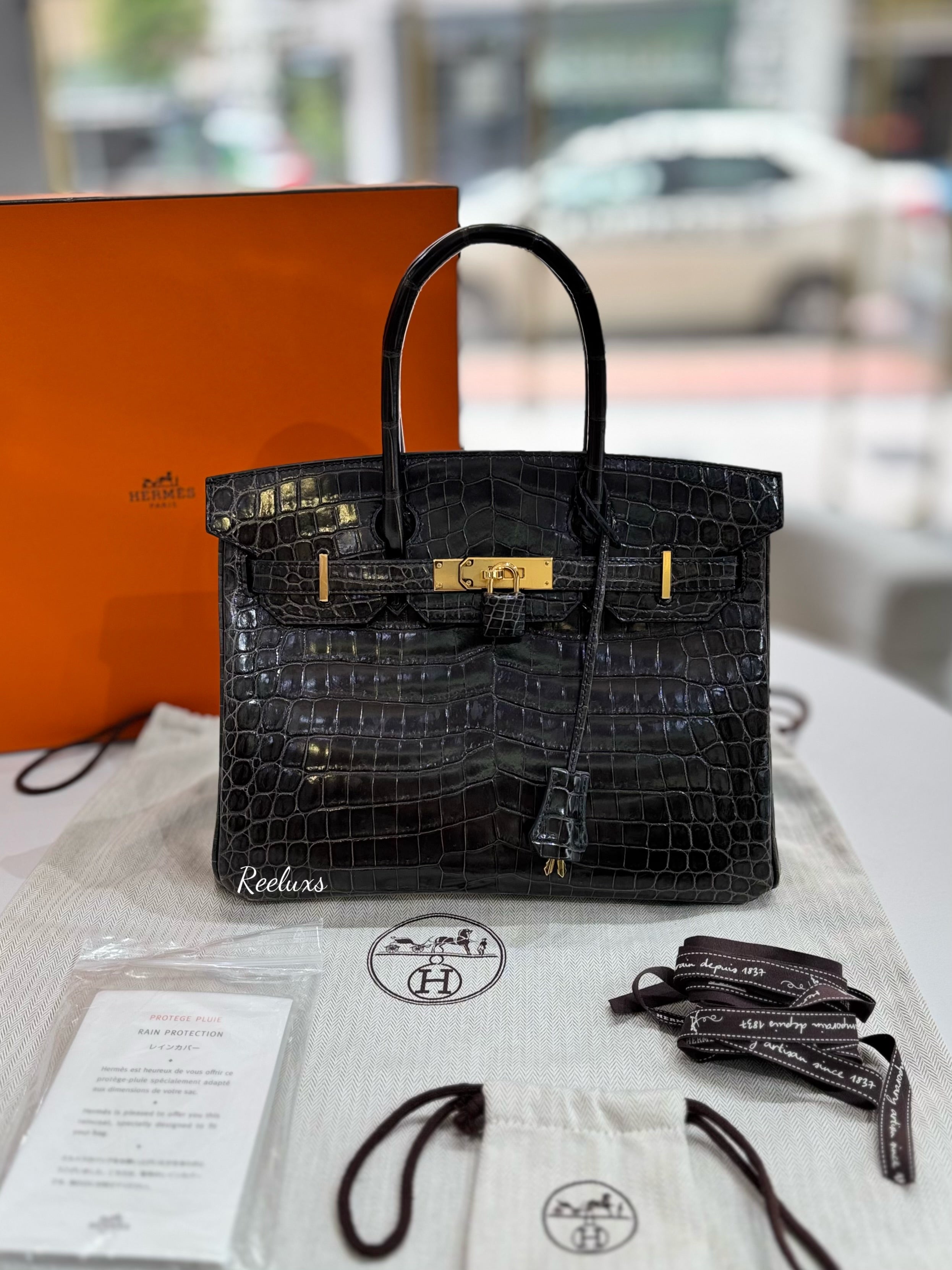 FULLSET HERMES Birkin 30 Crocodile Shiny Porosus Gold Hardware Handbag ( GHW