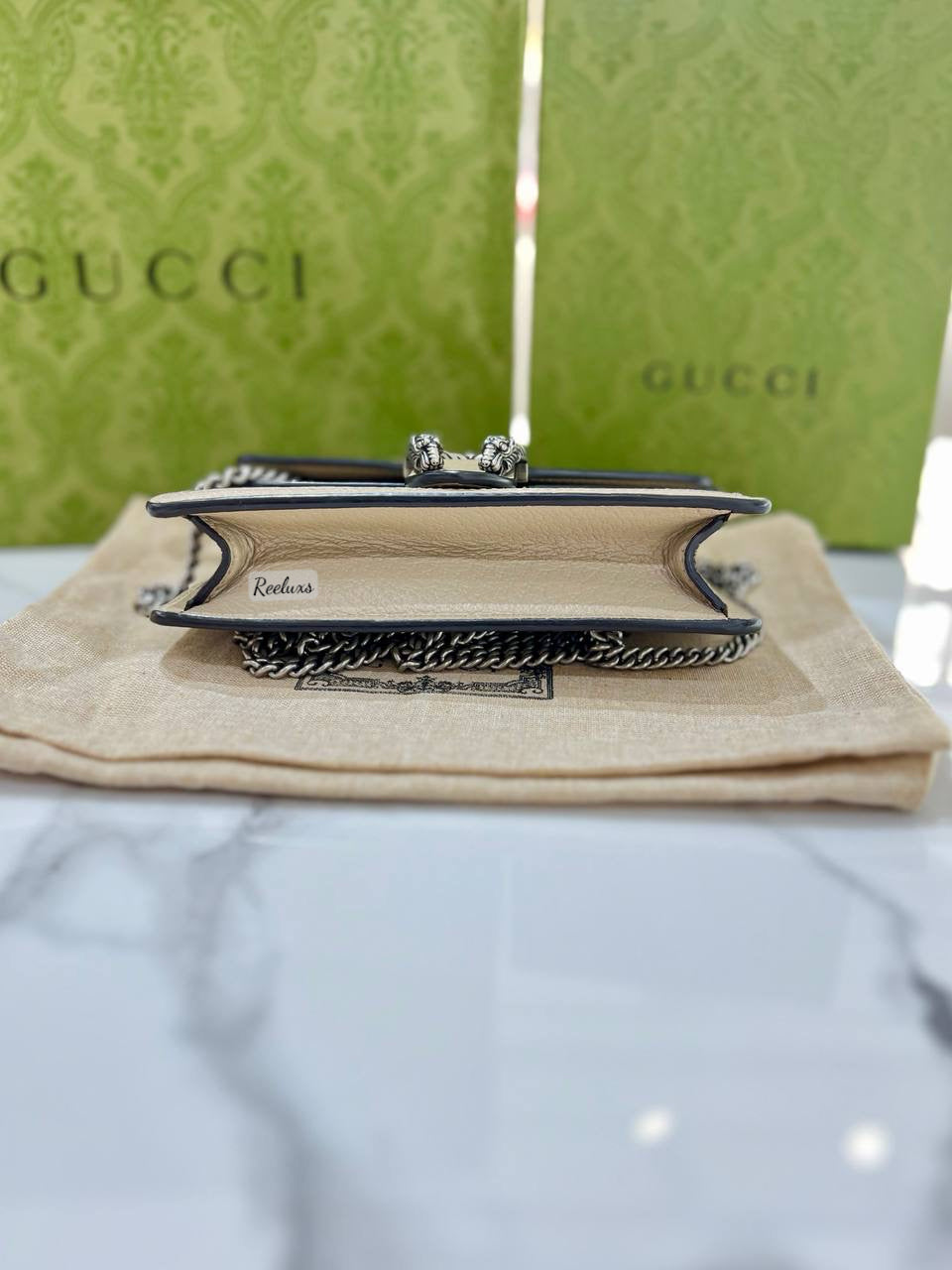 GUCCI Beige & White Dionysus Super Mini Crossbody Wallet On Chain