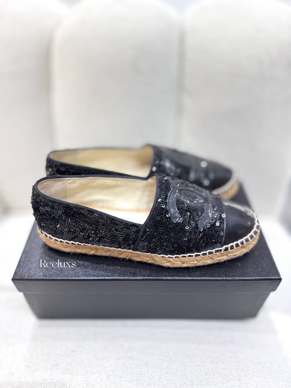 Chanel Black Sequinned Tweed & Leather CC Espadrilles