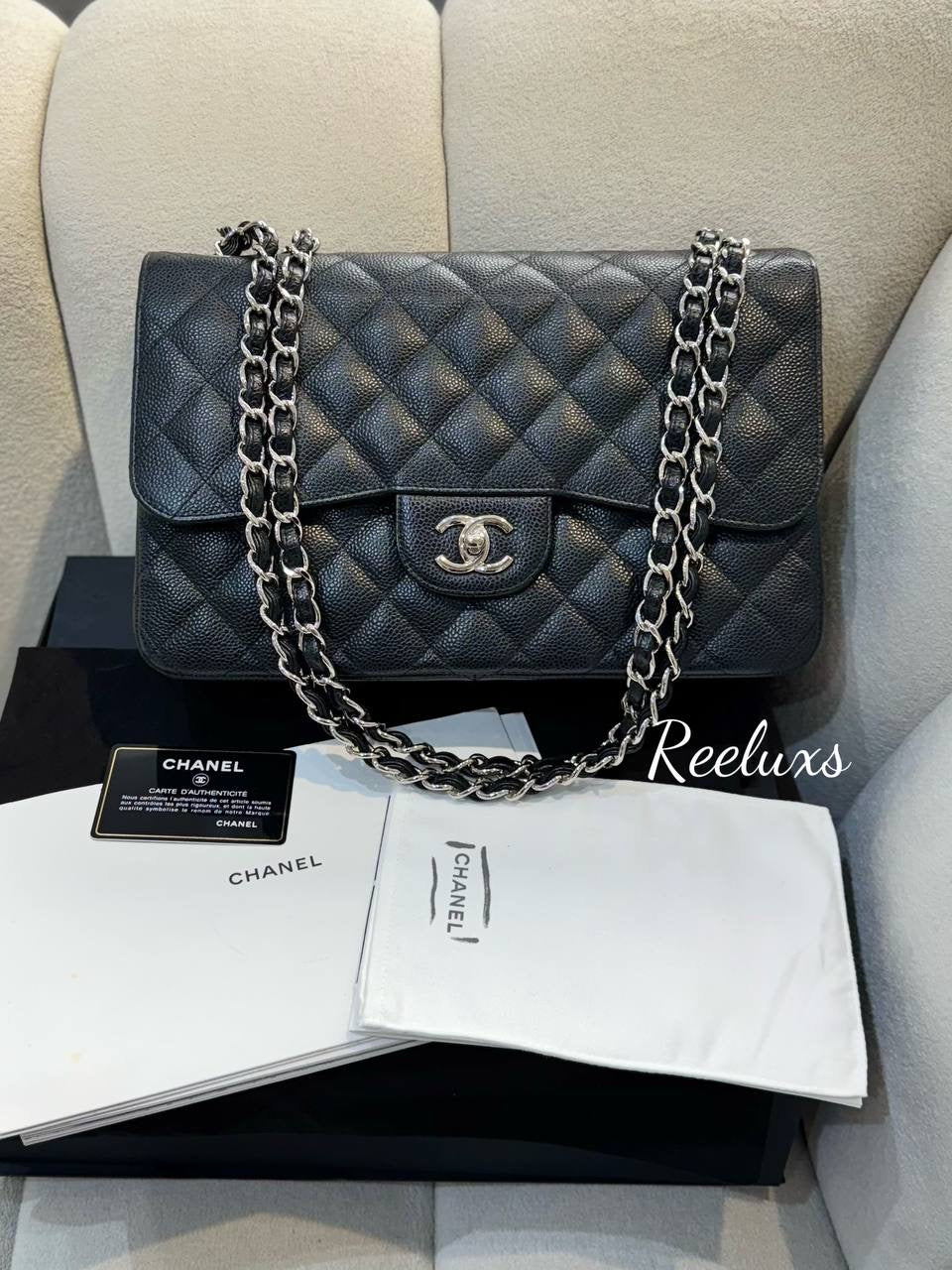 FULLSET CHANEL Jumbo Classic Double Flap Black Caviar Silver Hardware Shoulder Bag For Women