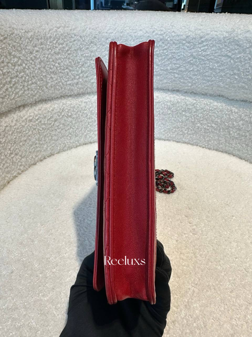 CHANEL Red Lambskin  Boy Wallet On Chain