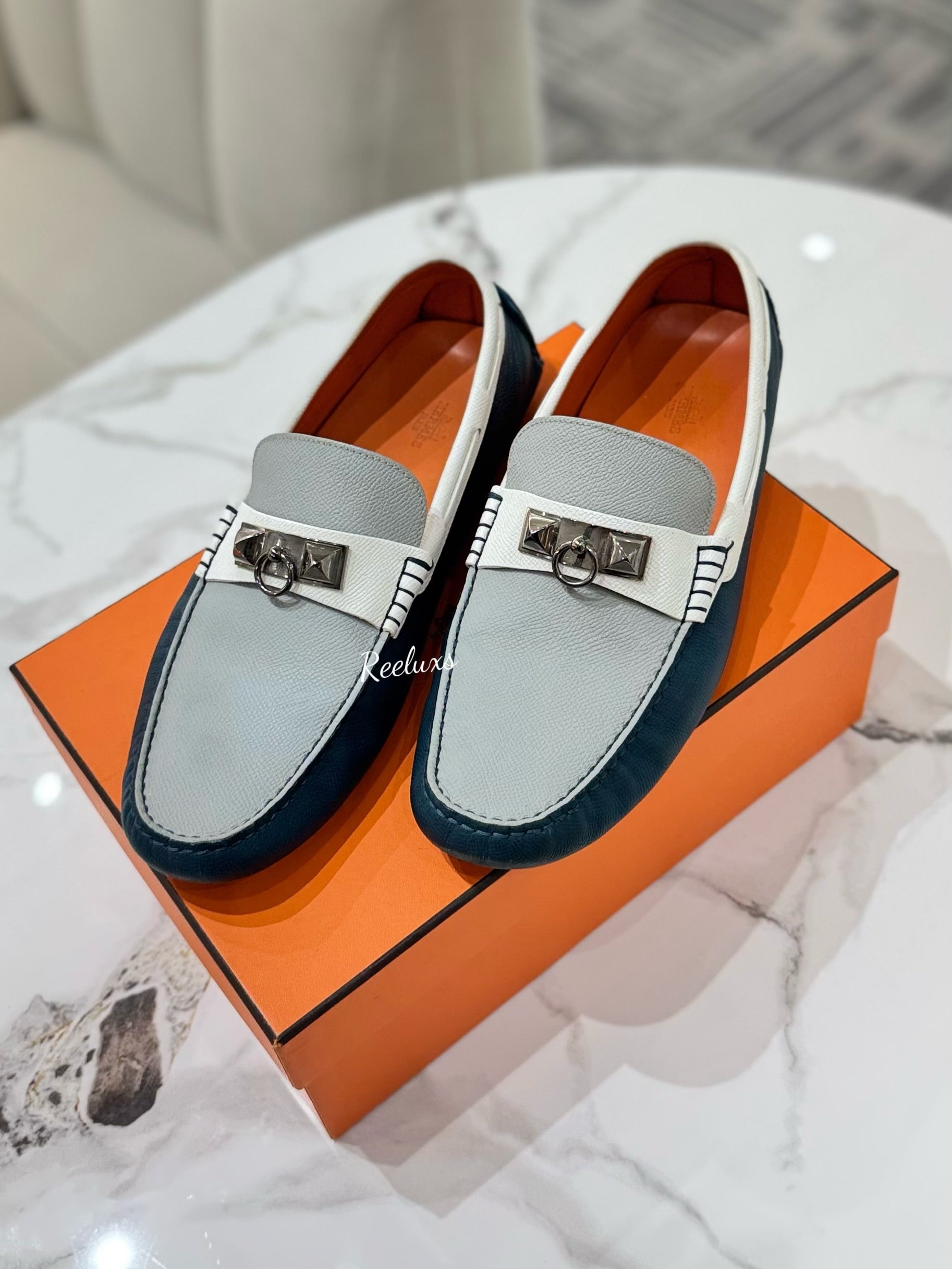 HERMES Epsom Mens Irving Driving Moccasin Loafers Bleu Glacier Blanc Colvert Size 43