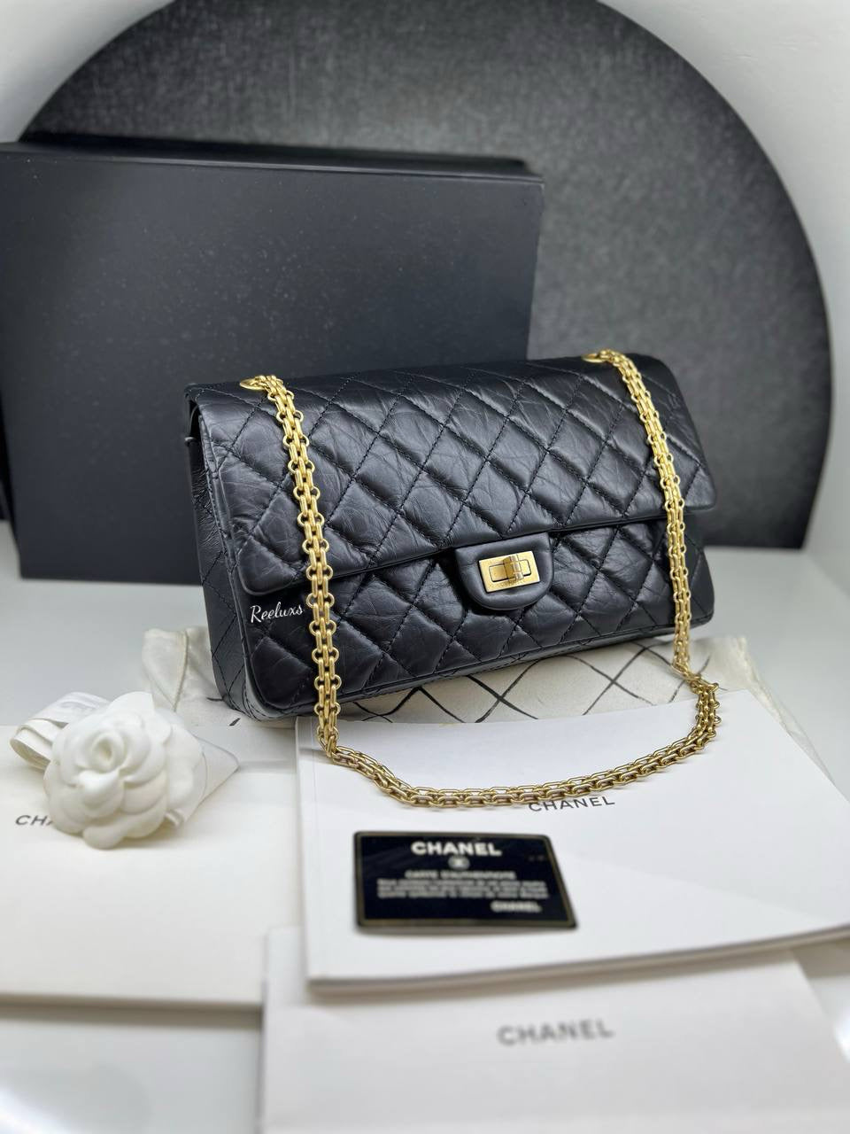 FULLSET CHANEL Quilted Aged Leather Reissue 2.55 Classic Flap Bag GHW