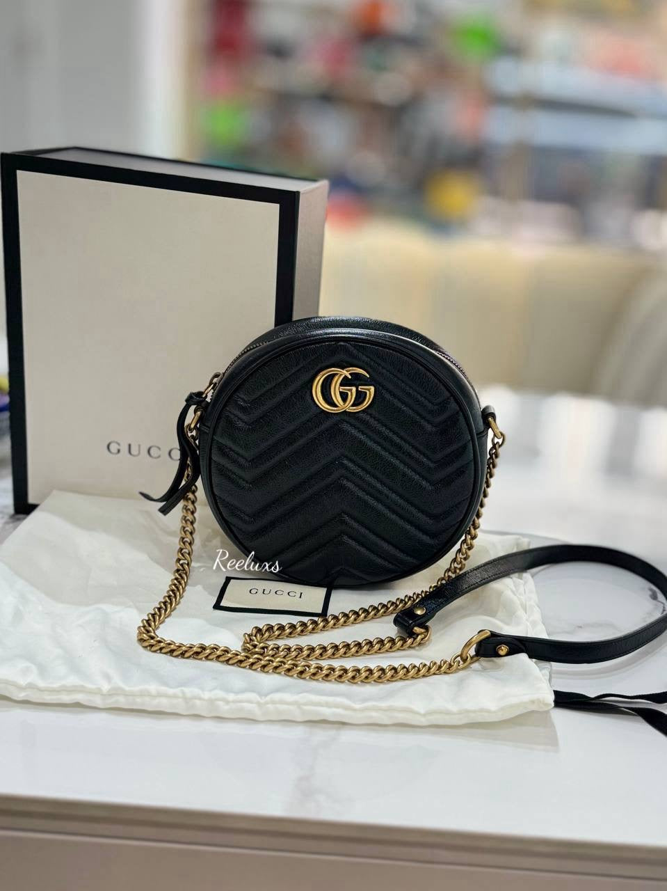 FULLSET GUCCI GG Marmont Round Crossbody Bag Mini Black