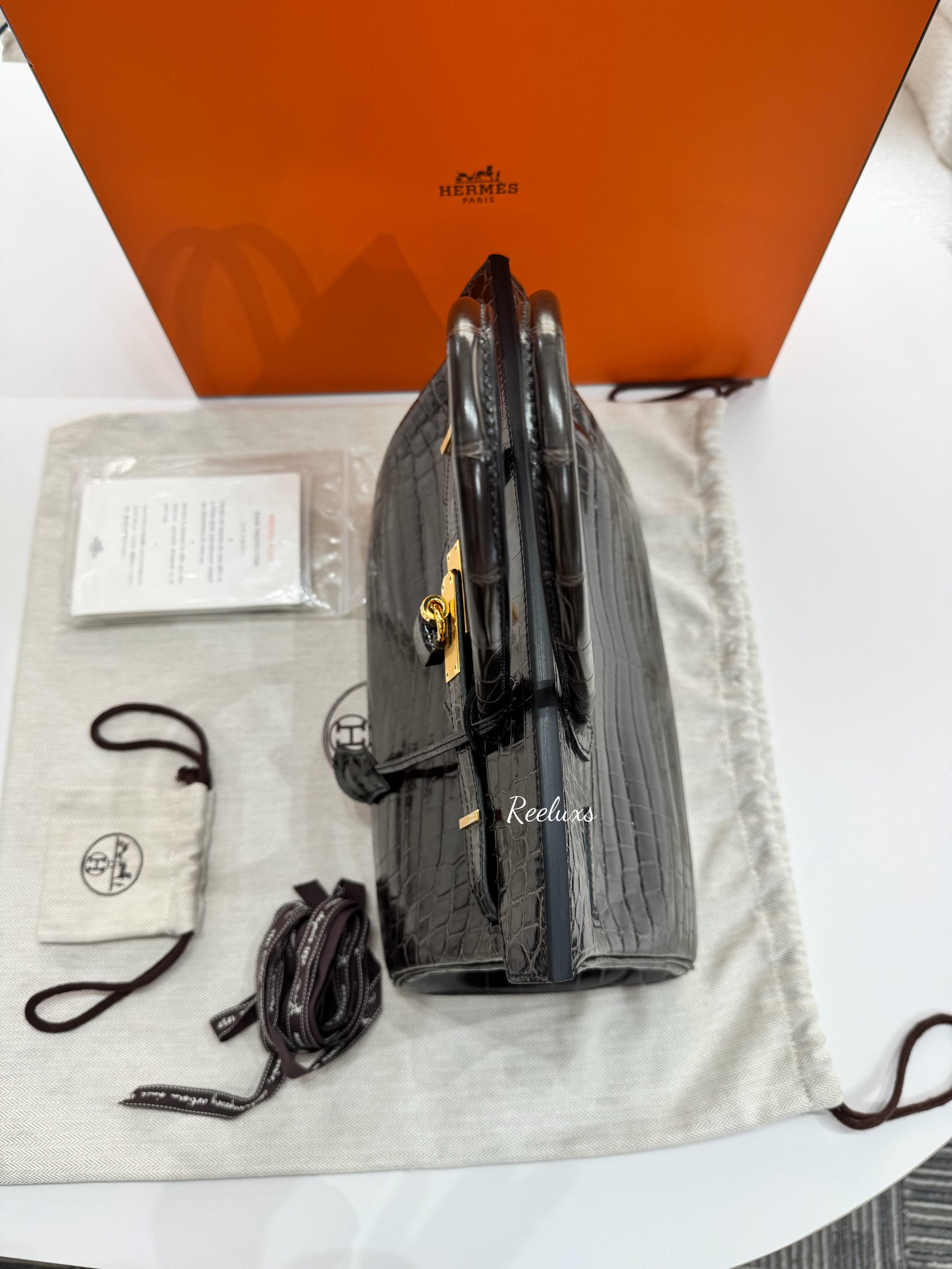 FULLSET HERMES Birkin 30 Crocodile Shiny Porosus Gold Hardware Handbag ( GHW