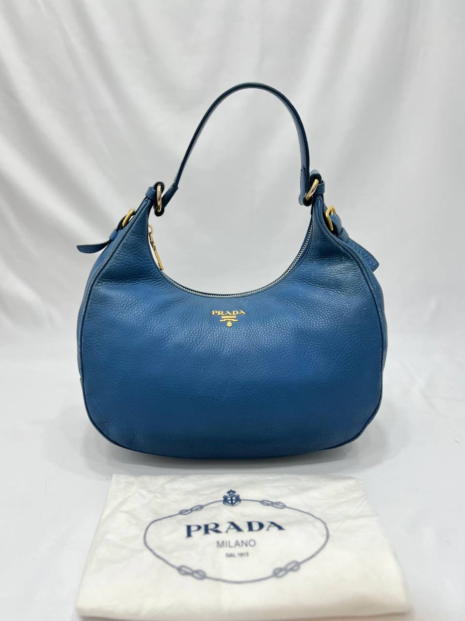 PRADA Blue Pebbled Leather Hobo Women Shoulder Bag