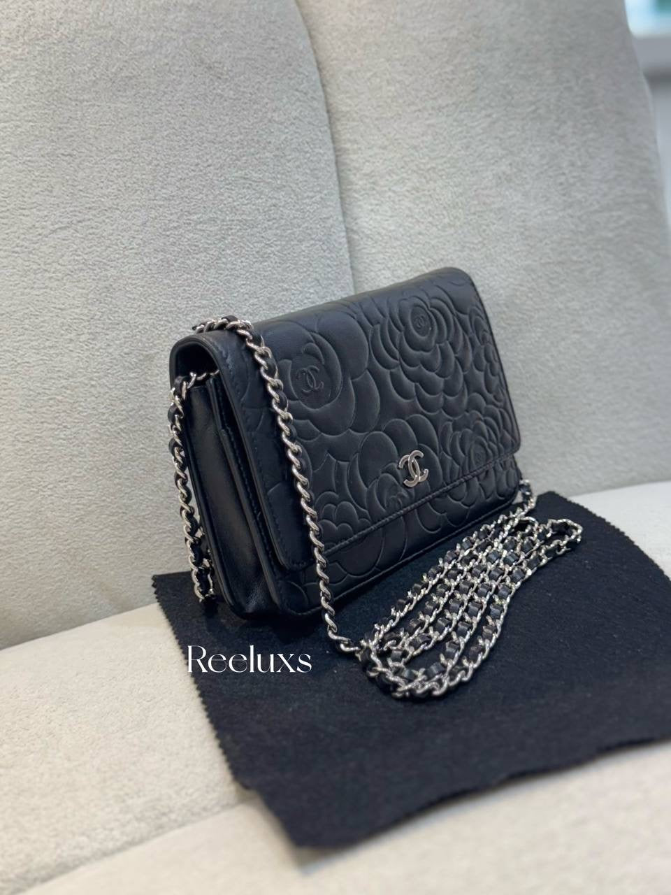CHANEL Black Camellia Embossed Lambskin Leather Wallet On Chain - WOC