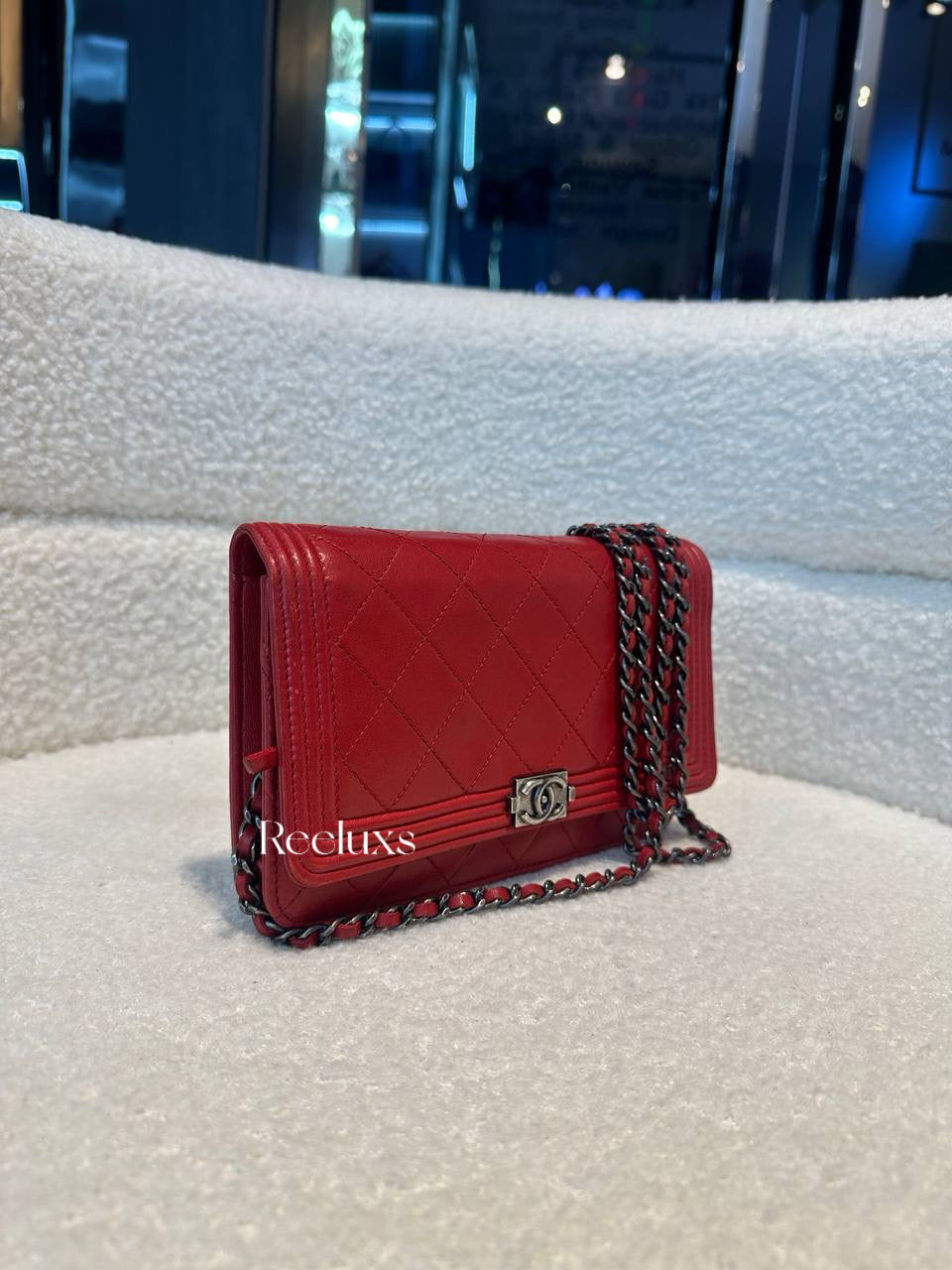 CHANEL Red Lambskin  Boy Wallet On Chain