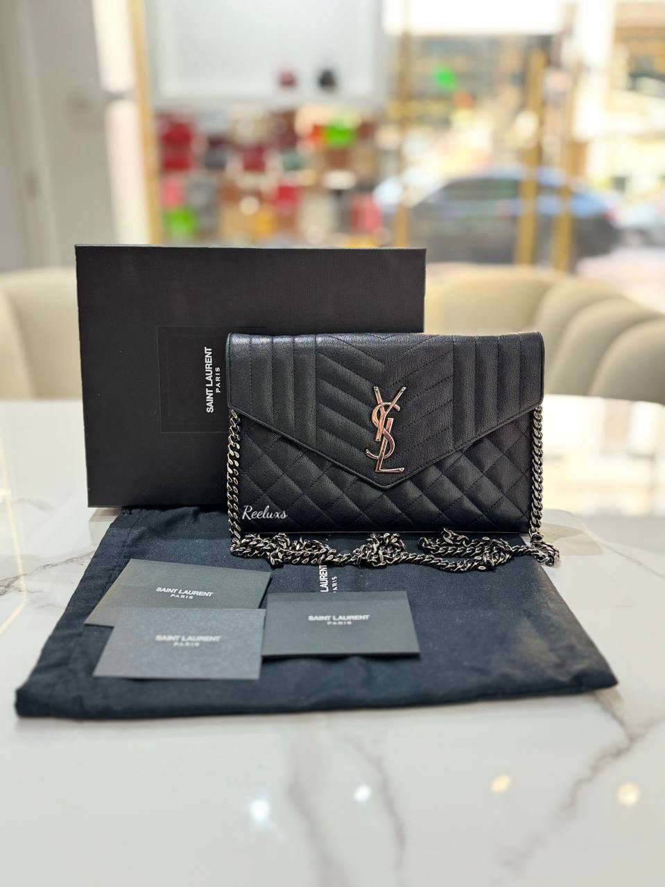 YVES SAINT LAURENT YSL Triquilt Envelope Leather Wallet On Chain