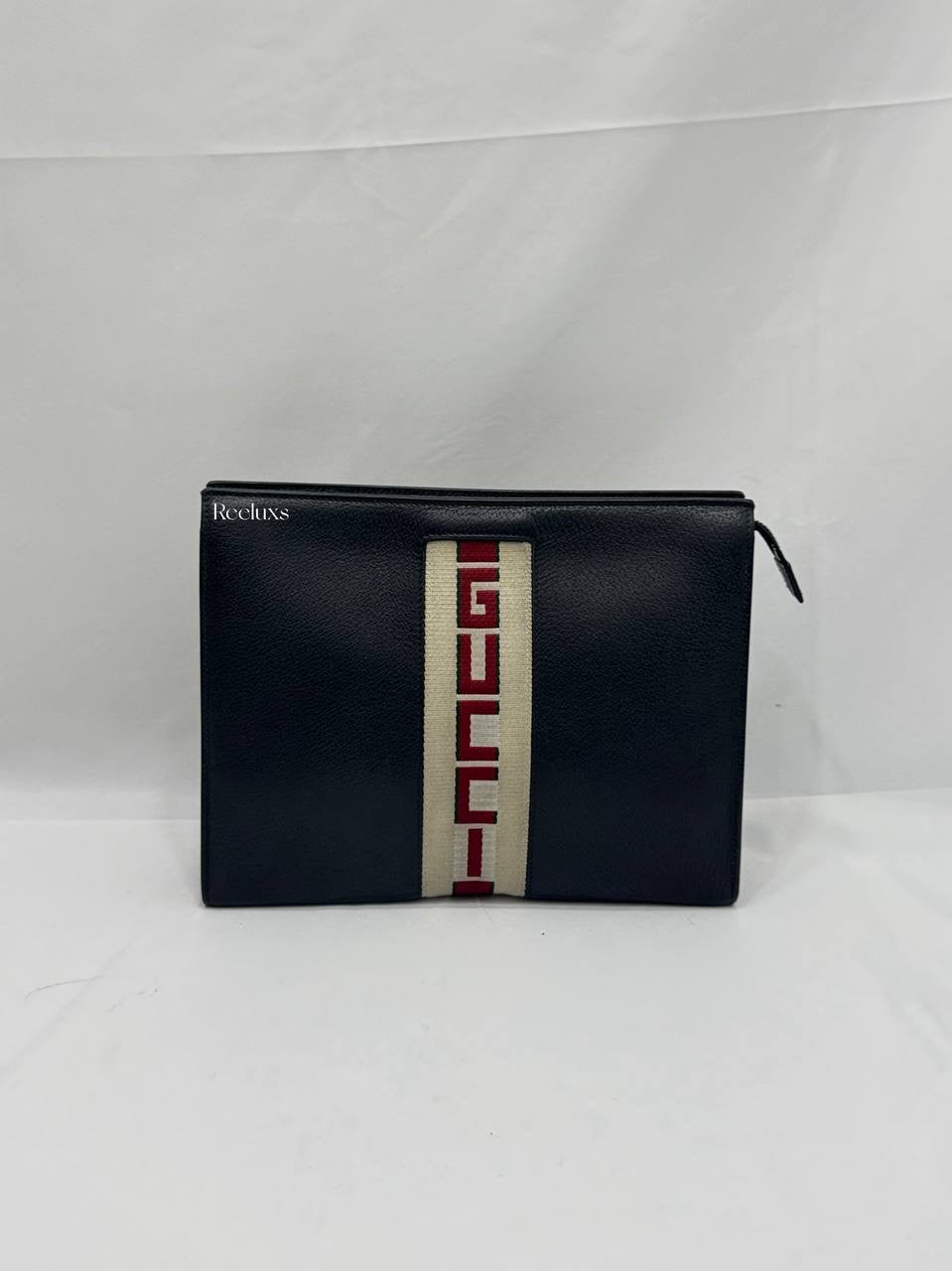 GUCCI Black Leather Stripe Logo Cosmetic Case Clutch