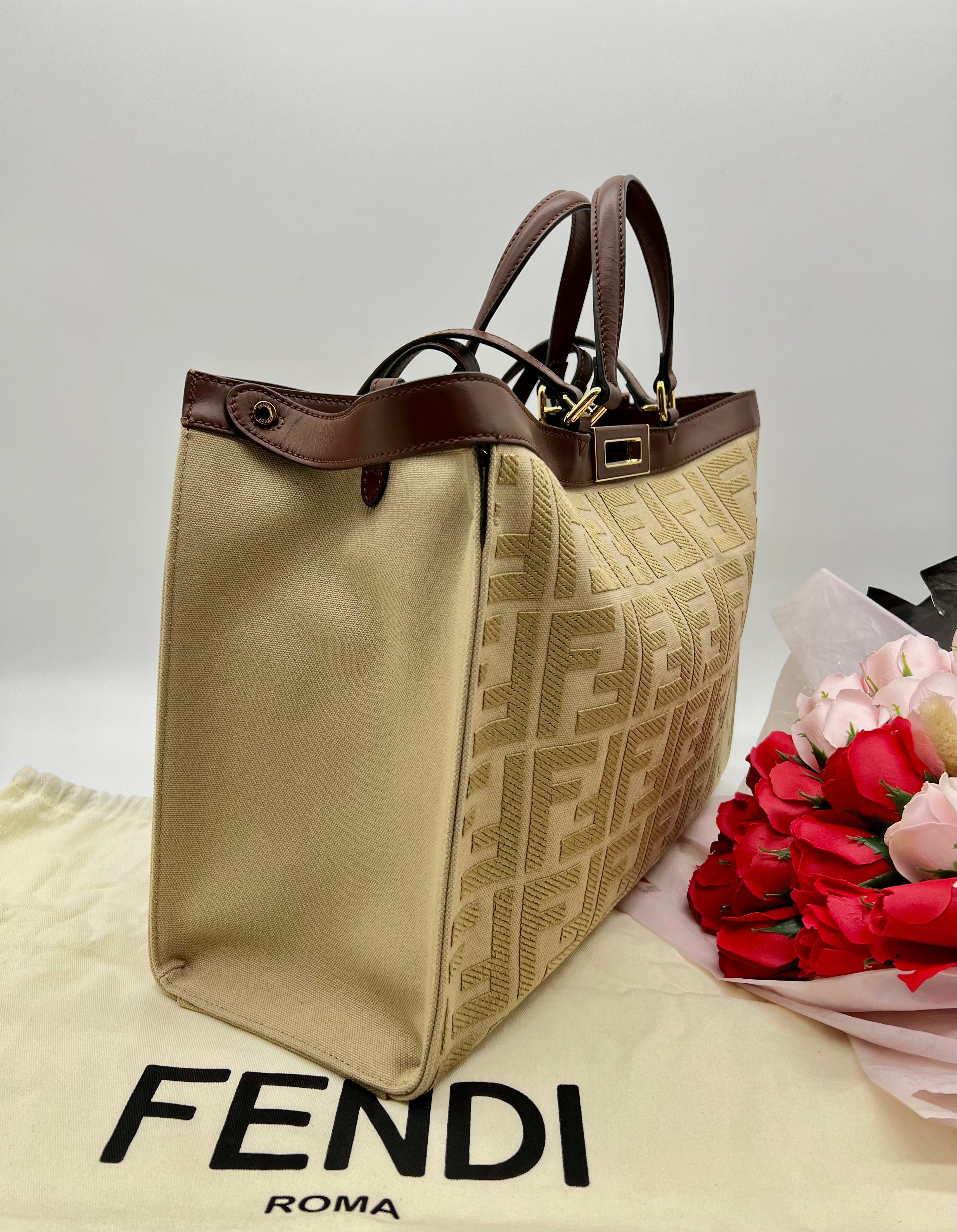 Fendi Medium FF Beige Canvas Peekaboo X-Tote - Reeluxs