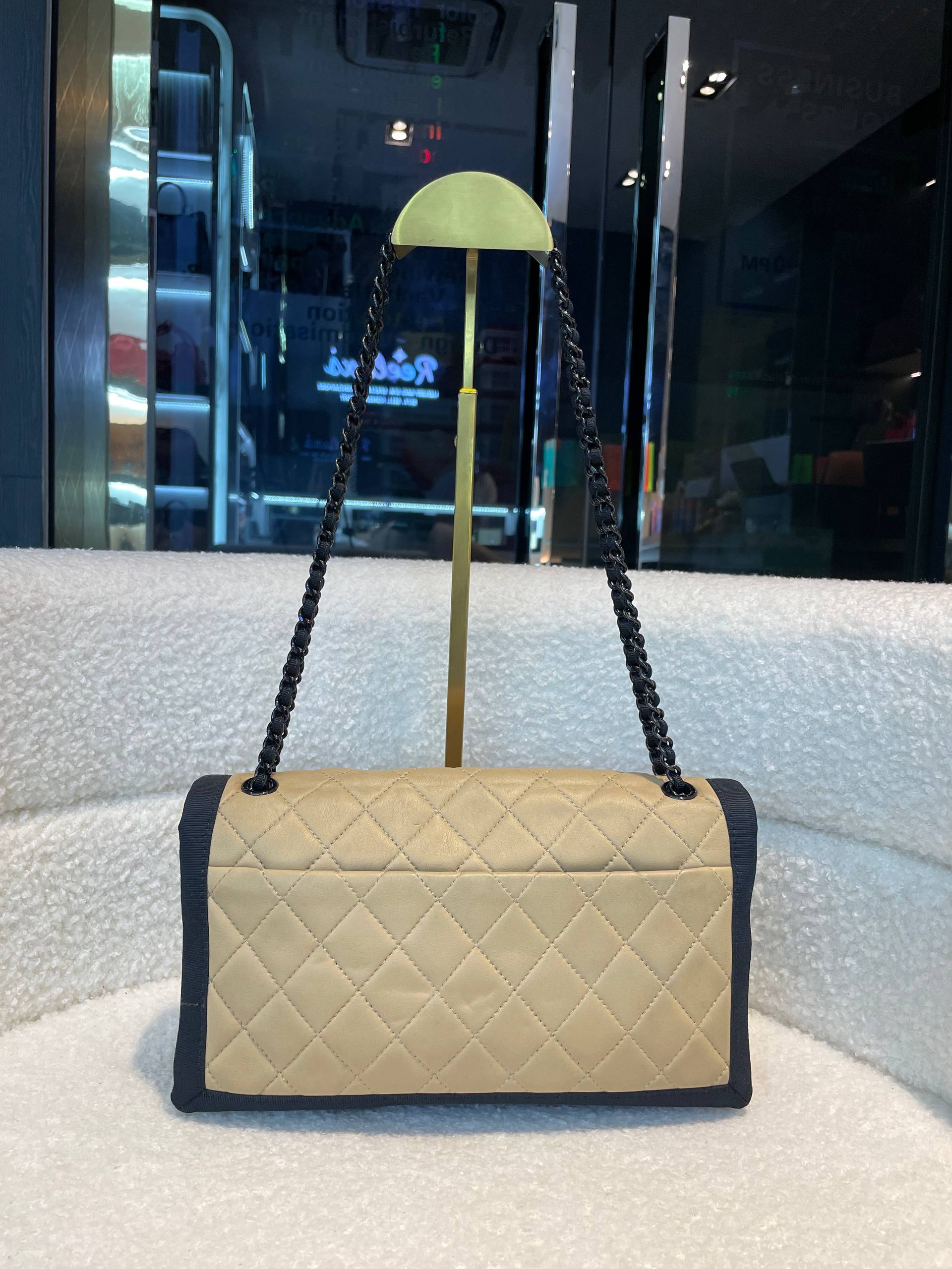 CHANEL Two Tone Flap Bag Quilted Lambskin with Grosgrain Medium