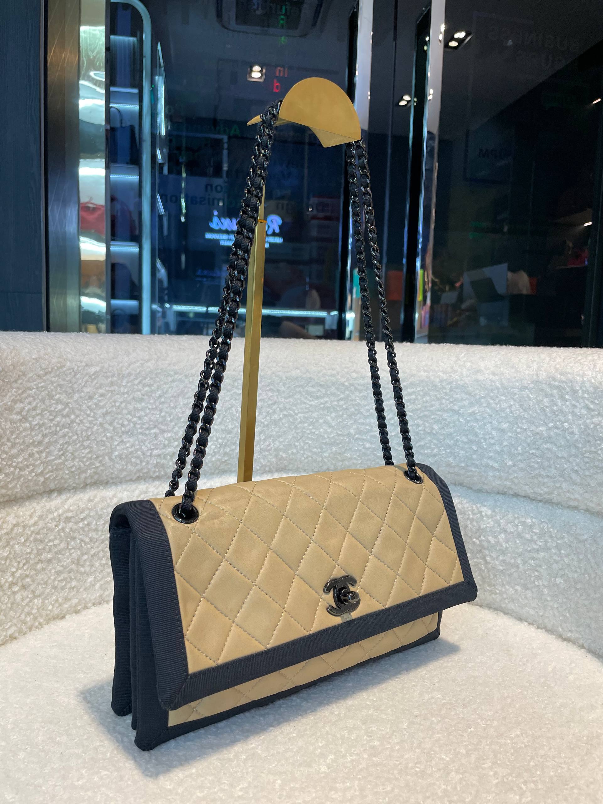 CHANEL Two Tone Flap Bag Quilted Lambskin with Grosgrain Medium