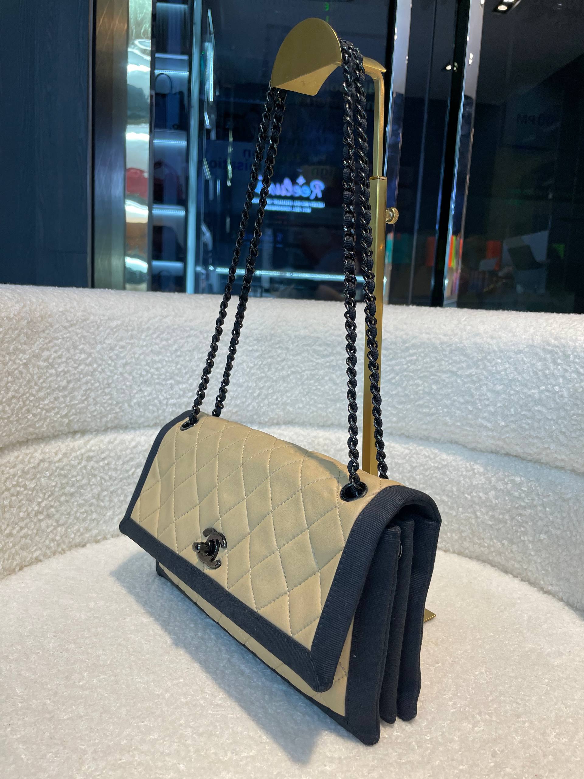 CHANEL Two Tone Flap Bag Quilted Lambskin with Grosgrain Medium