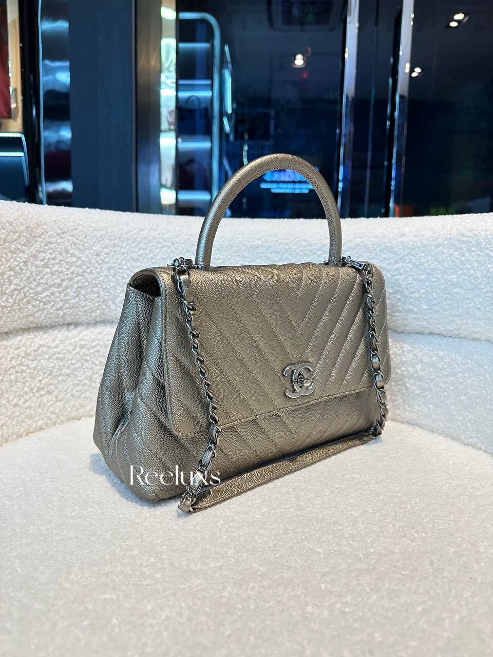 CHANEL Metallic Caviar Chevron Quilted Medium Coco Handle Flap Bag