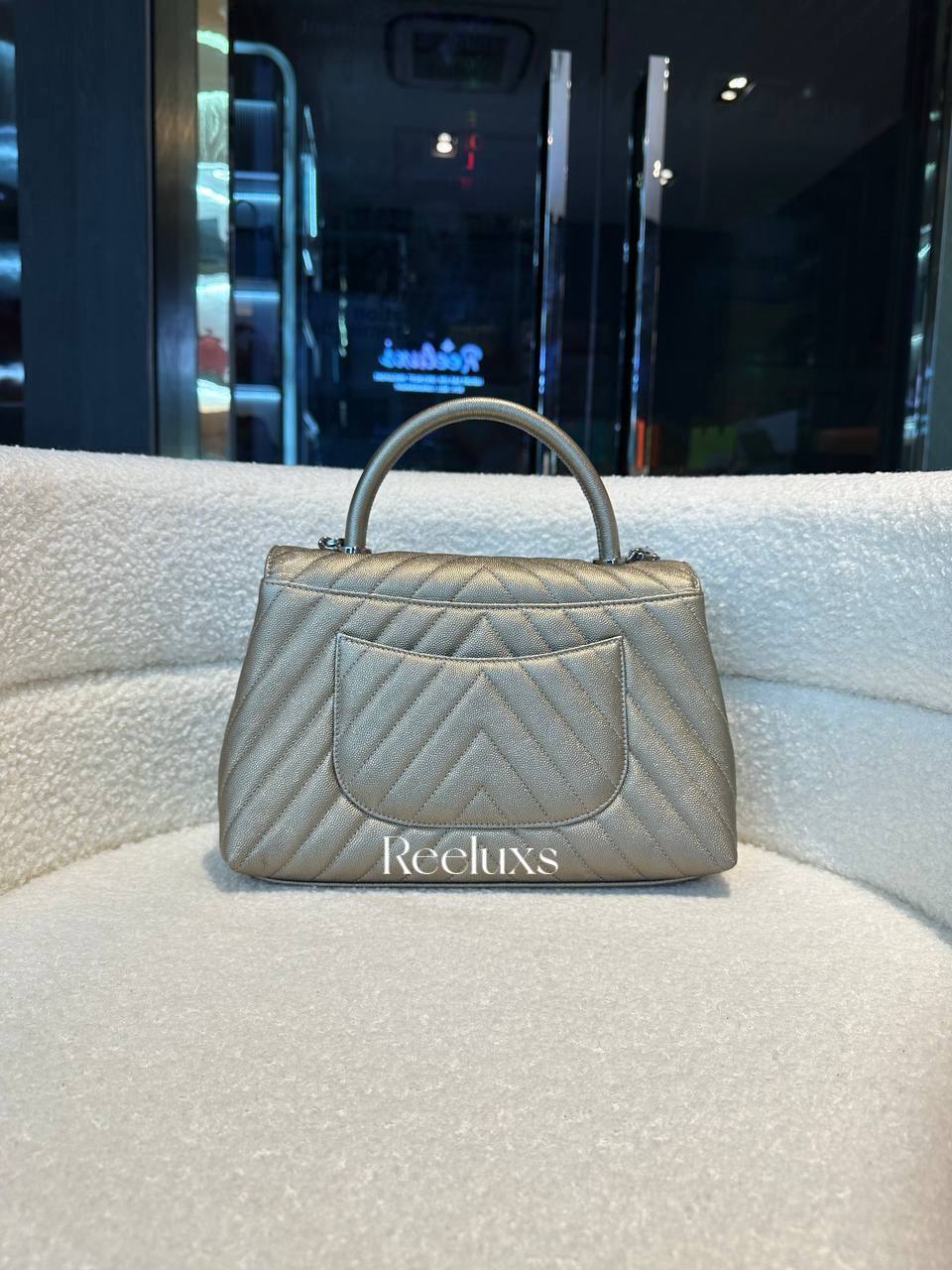 CHANEL Metallic Caviar Chevron Quilted Medium Coco Handle Flap Bag
