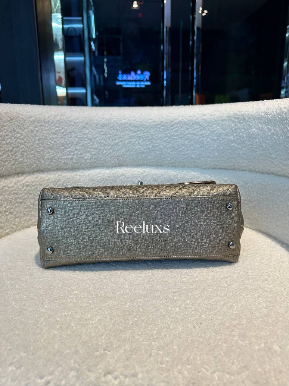 CHANEL Metallic Caviar Chevron Quilted Medium Coco Handle Flap Bag