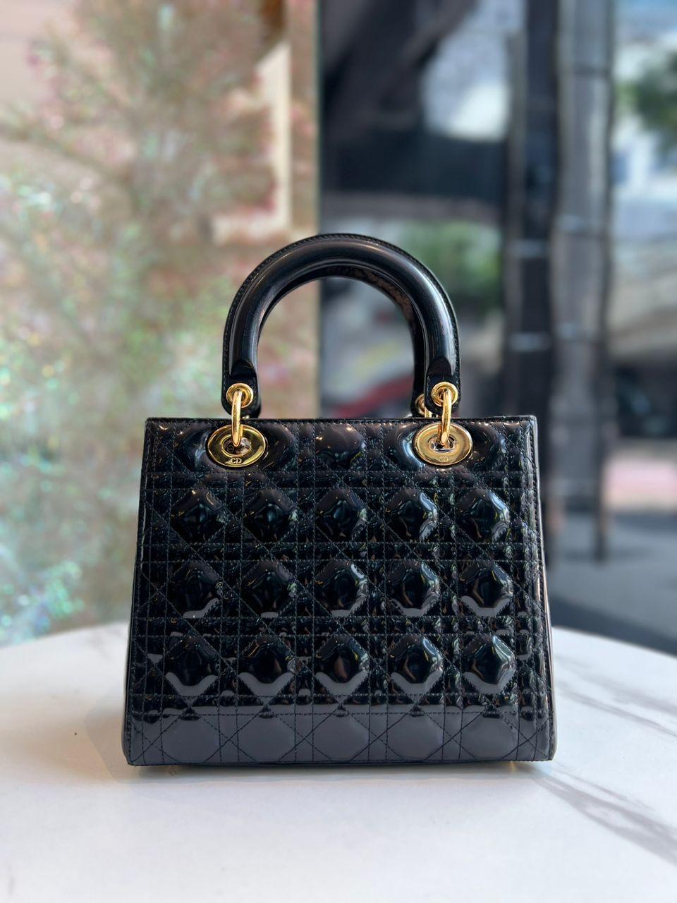 Christian Dior Medium Lady Dior Bag Black Patent Cannage Calfskin - Reeluxs