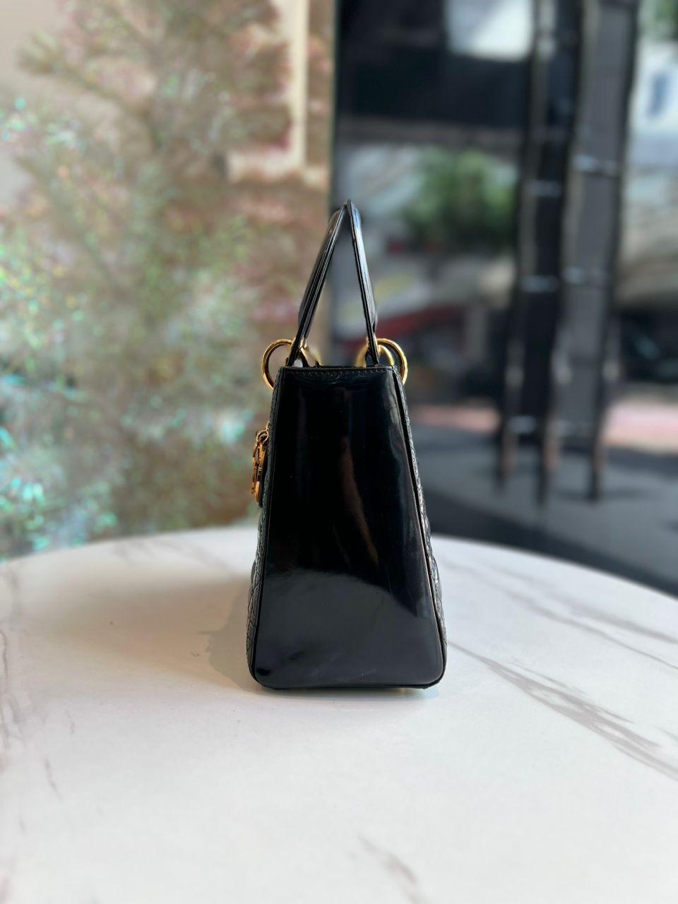 Christian Dior Medium Lady Dior Bag Black Patent Cannage Calfskin - Reeluxs