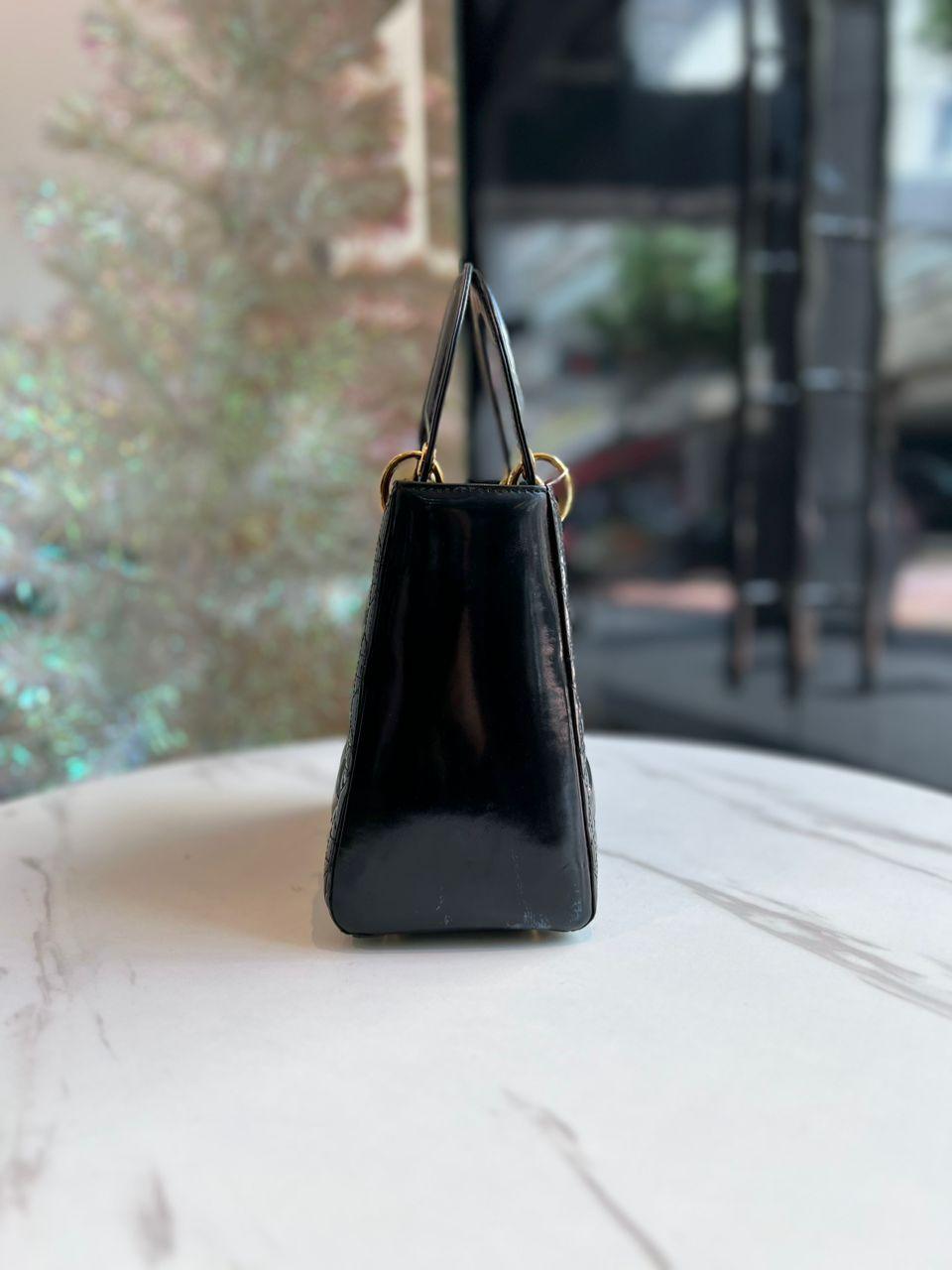 Christian Dior Medium Lady Dior Bag Black Patent Cannage Calfskin - Reeluxs