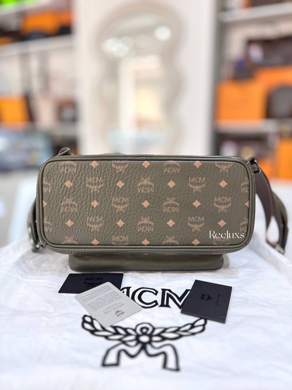 MCM Stark Visetos Backpack In Moss Green Color