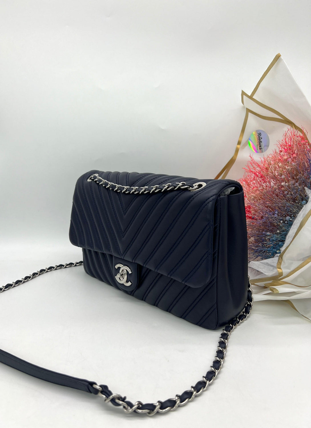 Full Set As New CHANEL Big Navy Chevron Single Flap Bag Women's Shoulder Bag - Reeluxs 