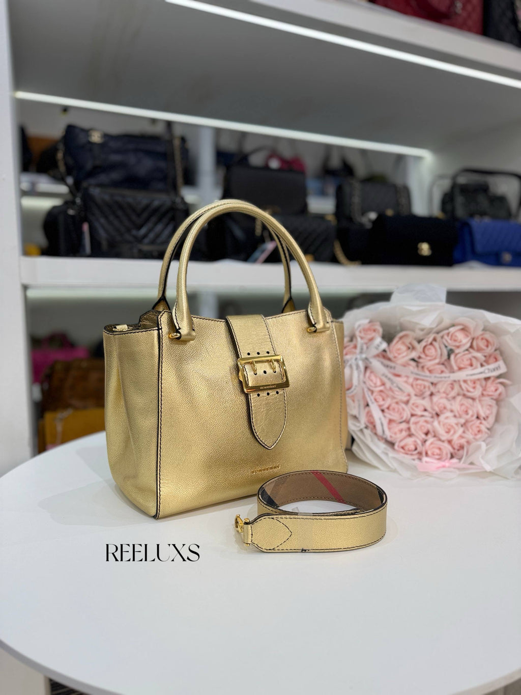 BURBERRY Metallic Soft Grain Calfskin Medium Buckle Tote