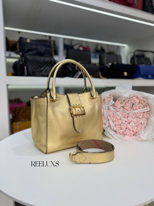 BURBERRY Metallic Soft Grain Calfskin Medium Buckle Tote
