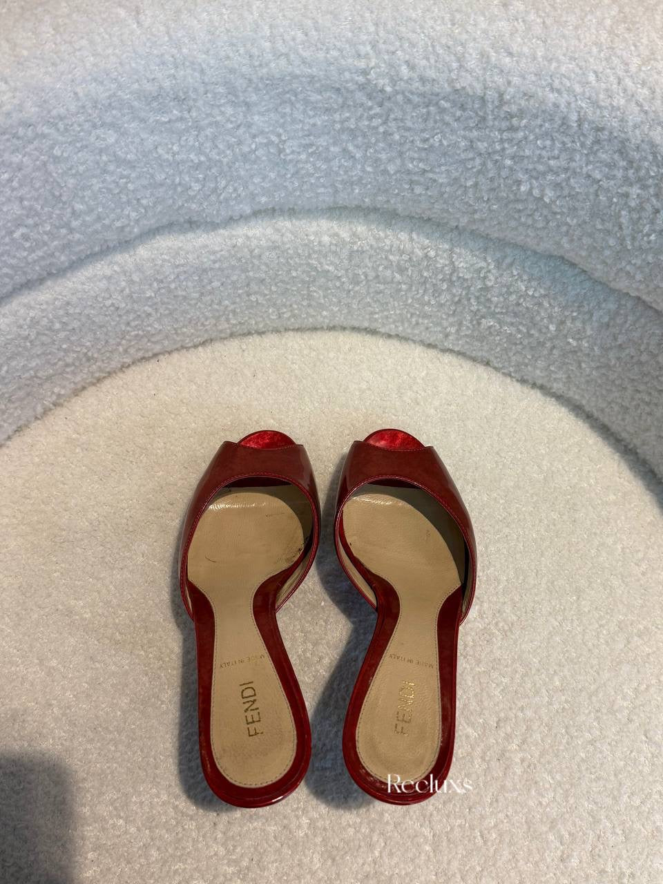Fendi Burgundy Patent Leather FF Superstar Peep Toe Mule Slides