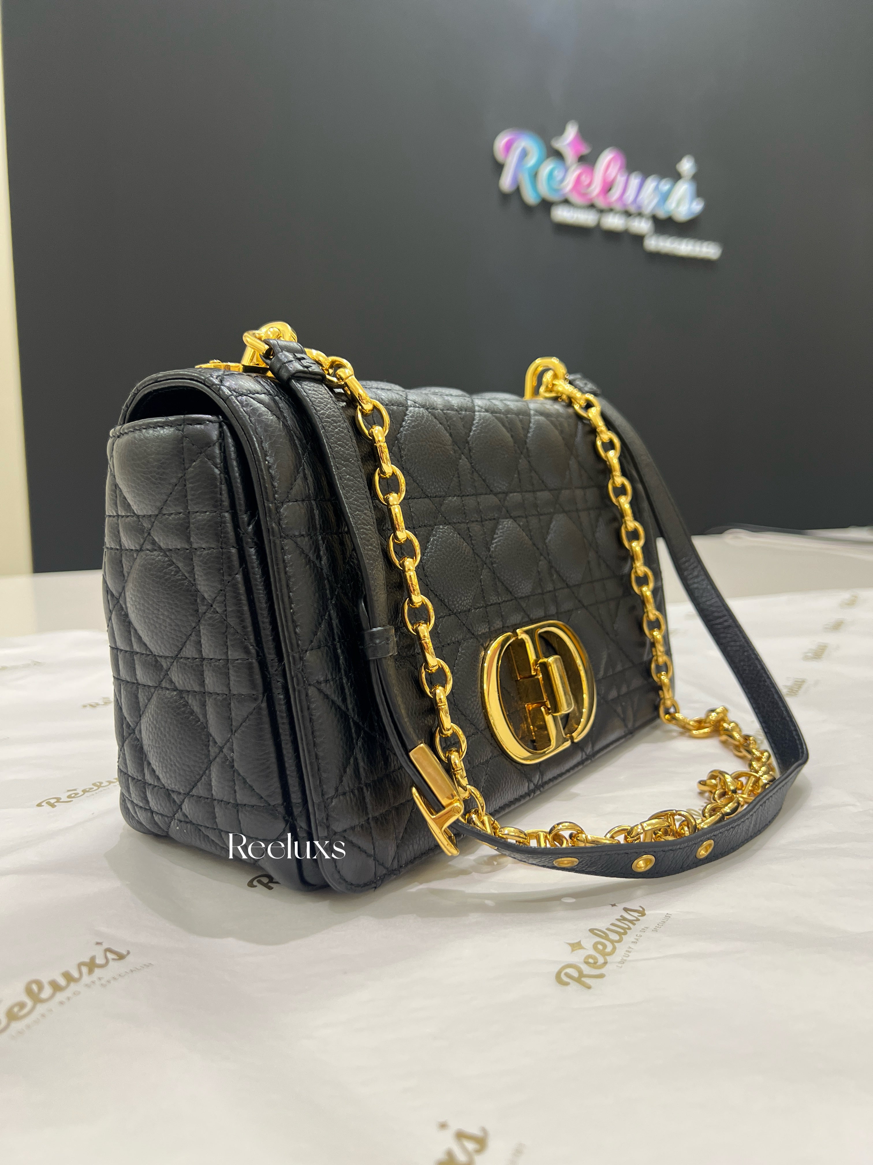 CHRISTIAN DIOR Black Cannage Quilted Lambskin Leather Medium