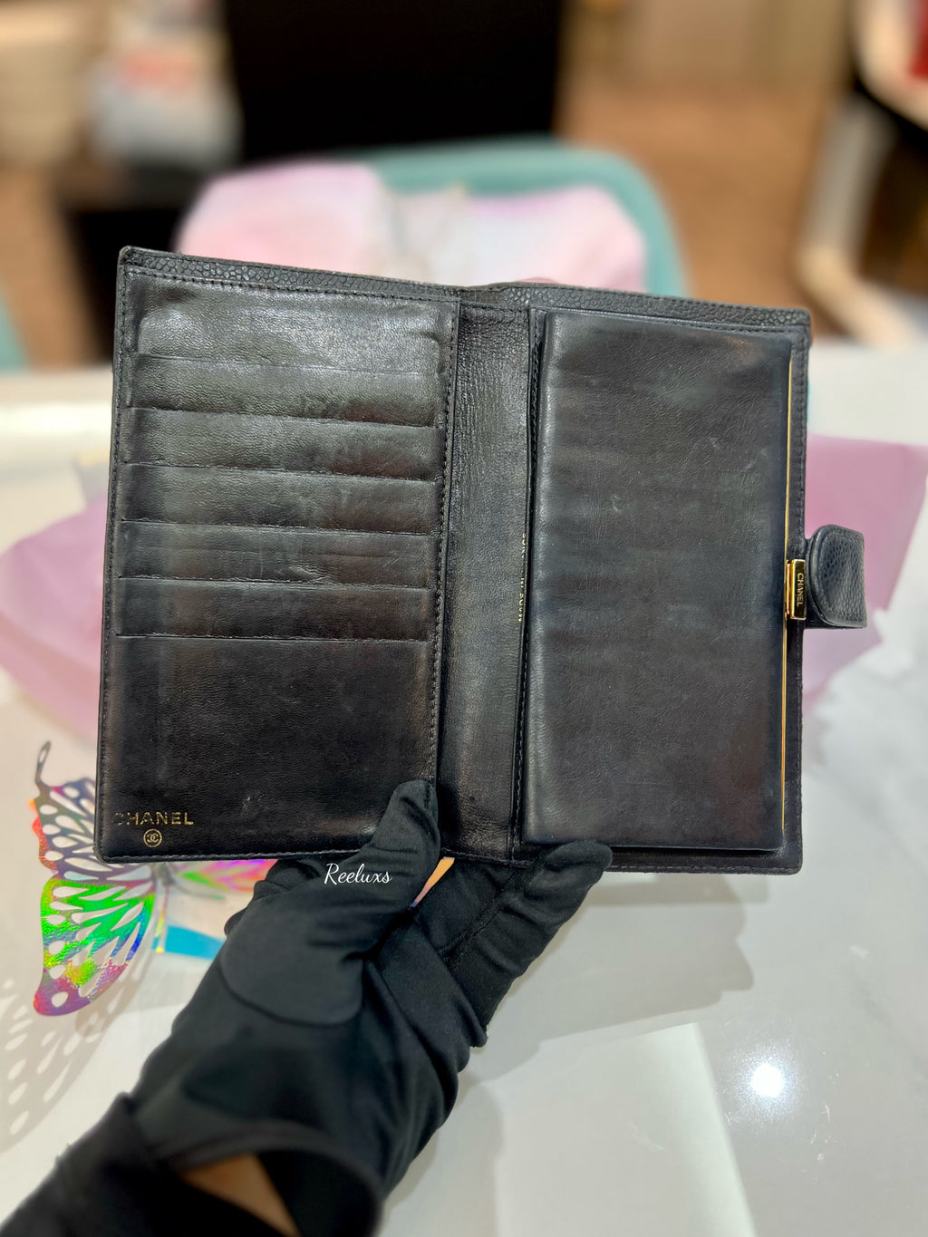 CHANEL Vintage CC Caviar Leather Bifold Wallet Black