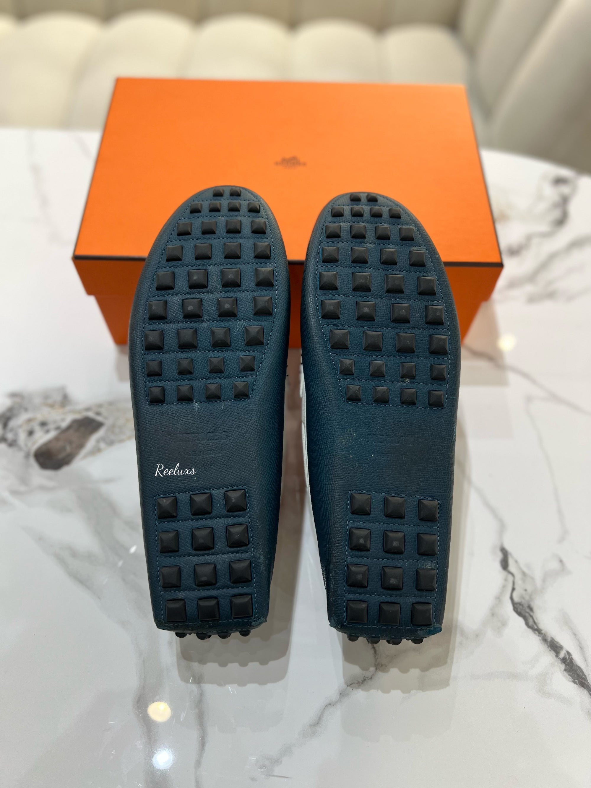 HERMES Epsom Mens Irving Driving Moccasin Loafers Bleu Glacier Blanc Colvert Size 43