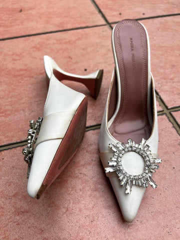 Amina Muaddi White Satin Begum Crystal Embellished Pointed Toe Pumps Size 37 - Reeluxs 