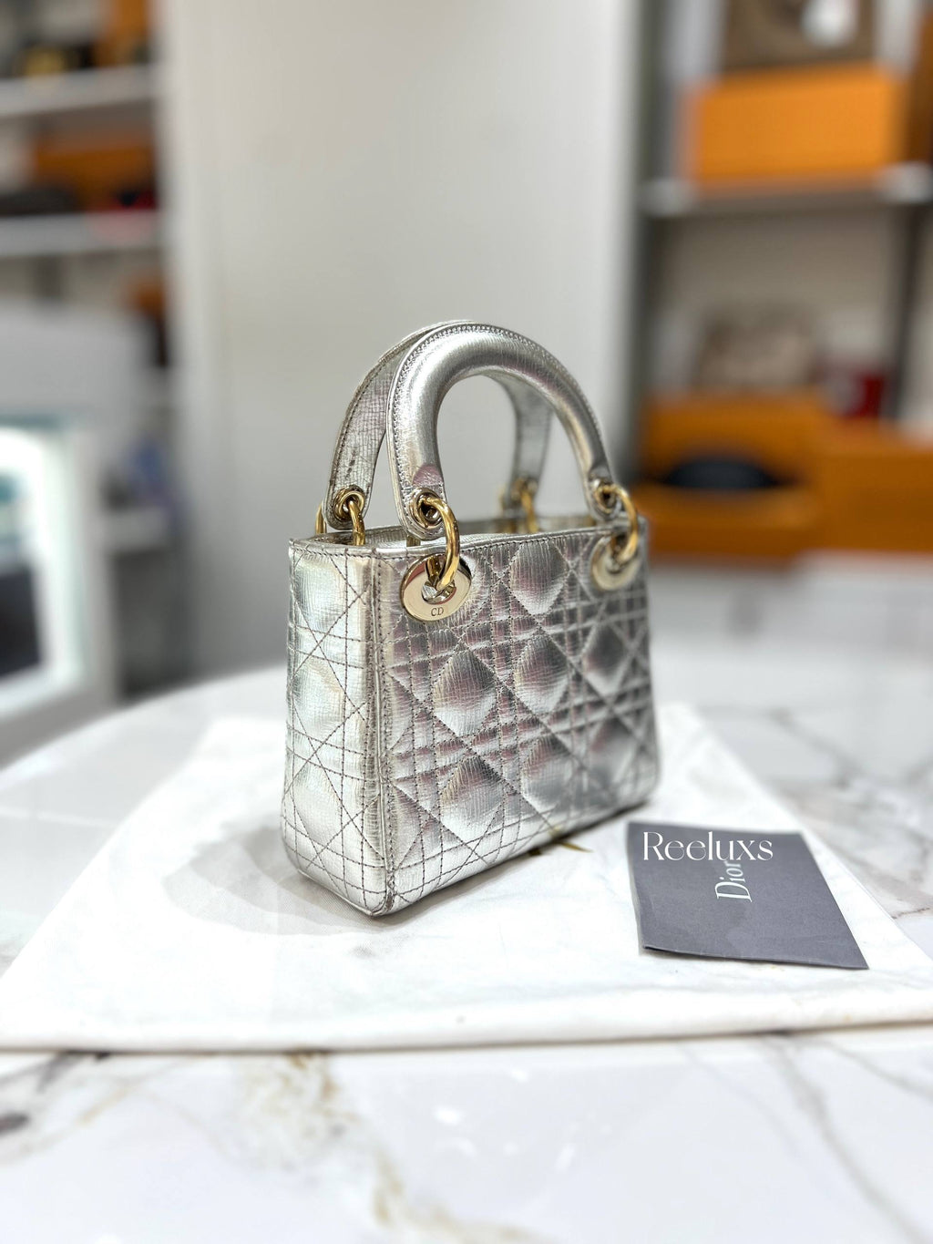 Mini Lady Dior Metallic Silver-tone Leather Bag