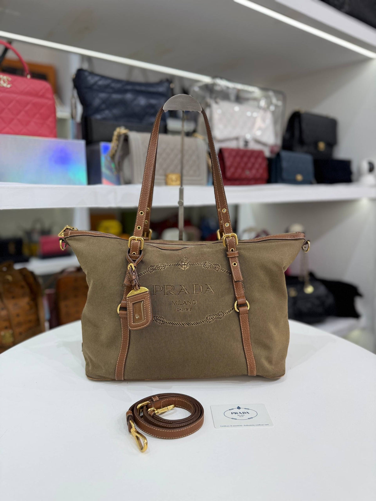 PRADA Vintage Logo Jacquard Canvas Brown Leather Tote Bag