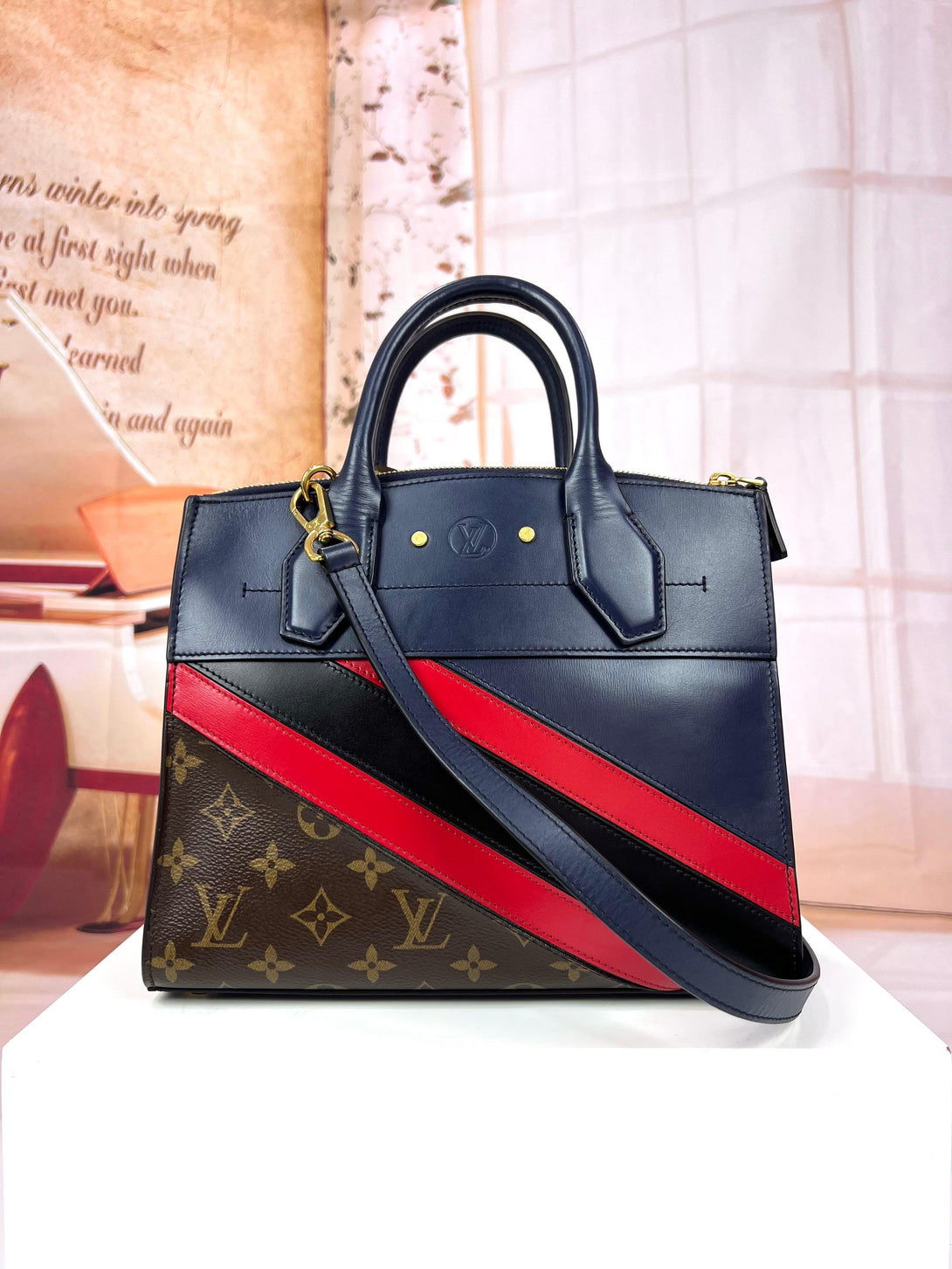 LOUIS VUITTON Calfskin Monogram Striped City Steamer PM Blue Hand & Shoulder Bag - Reeluxs 