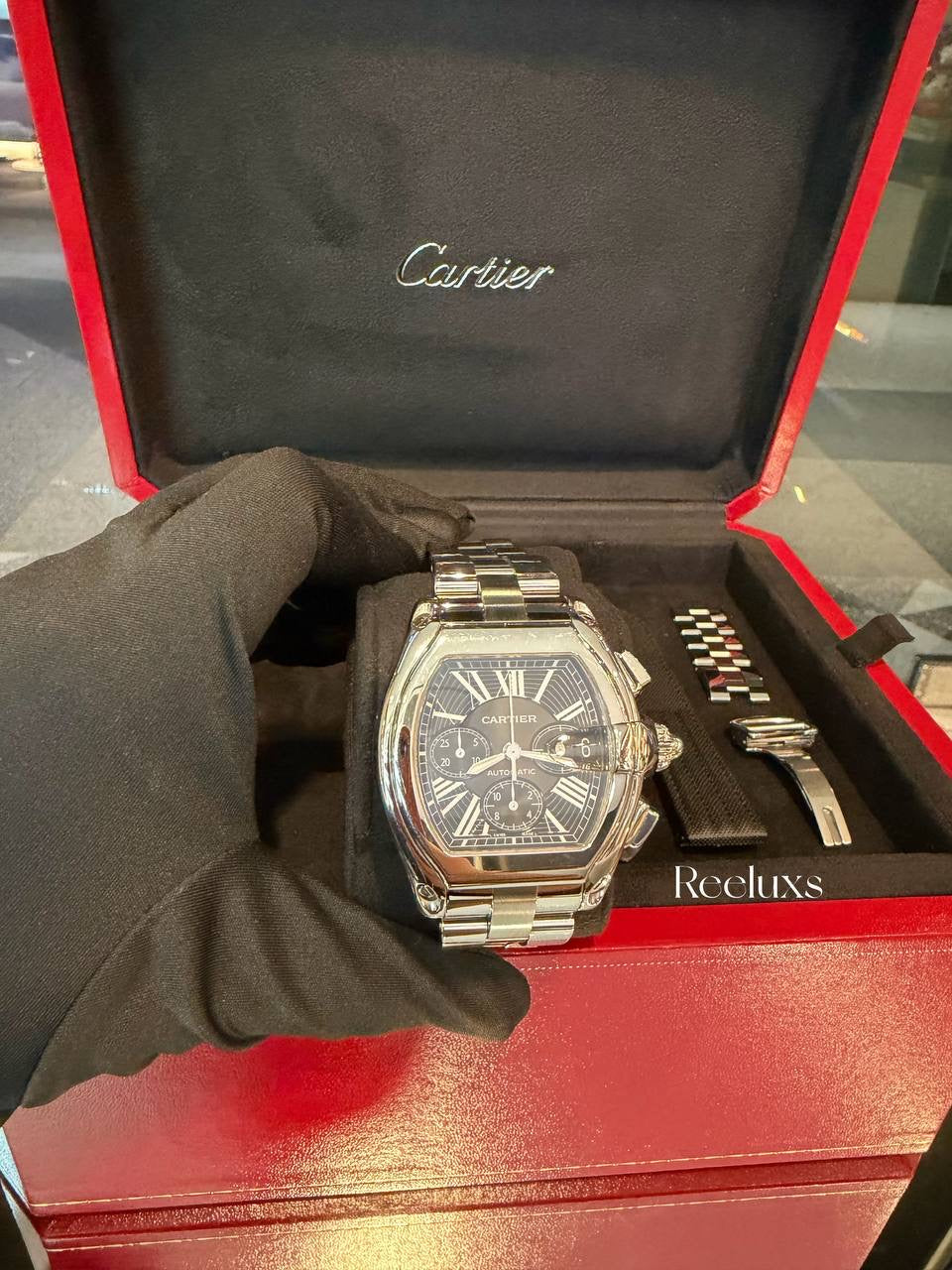 Chronograph Cartier 43mm Roadster XL Black Dial Steel Bracelet