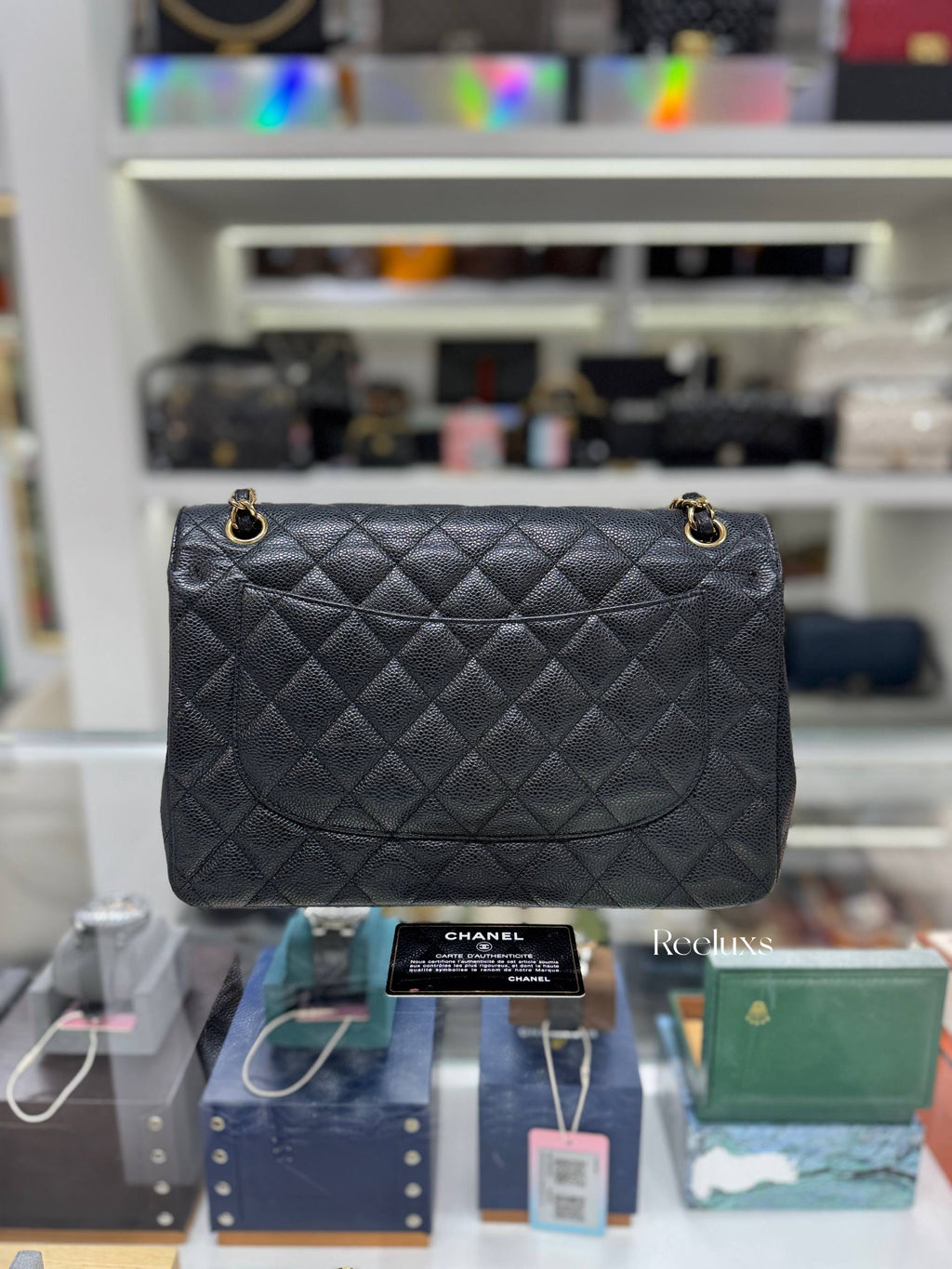 CHANEL Classic Jumbo Flag Bag In Black Quilted Caviar Leather
