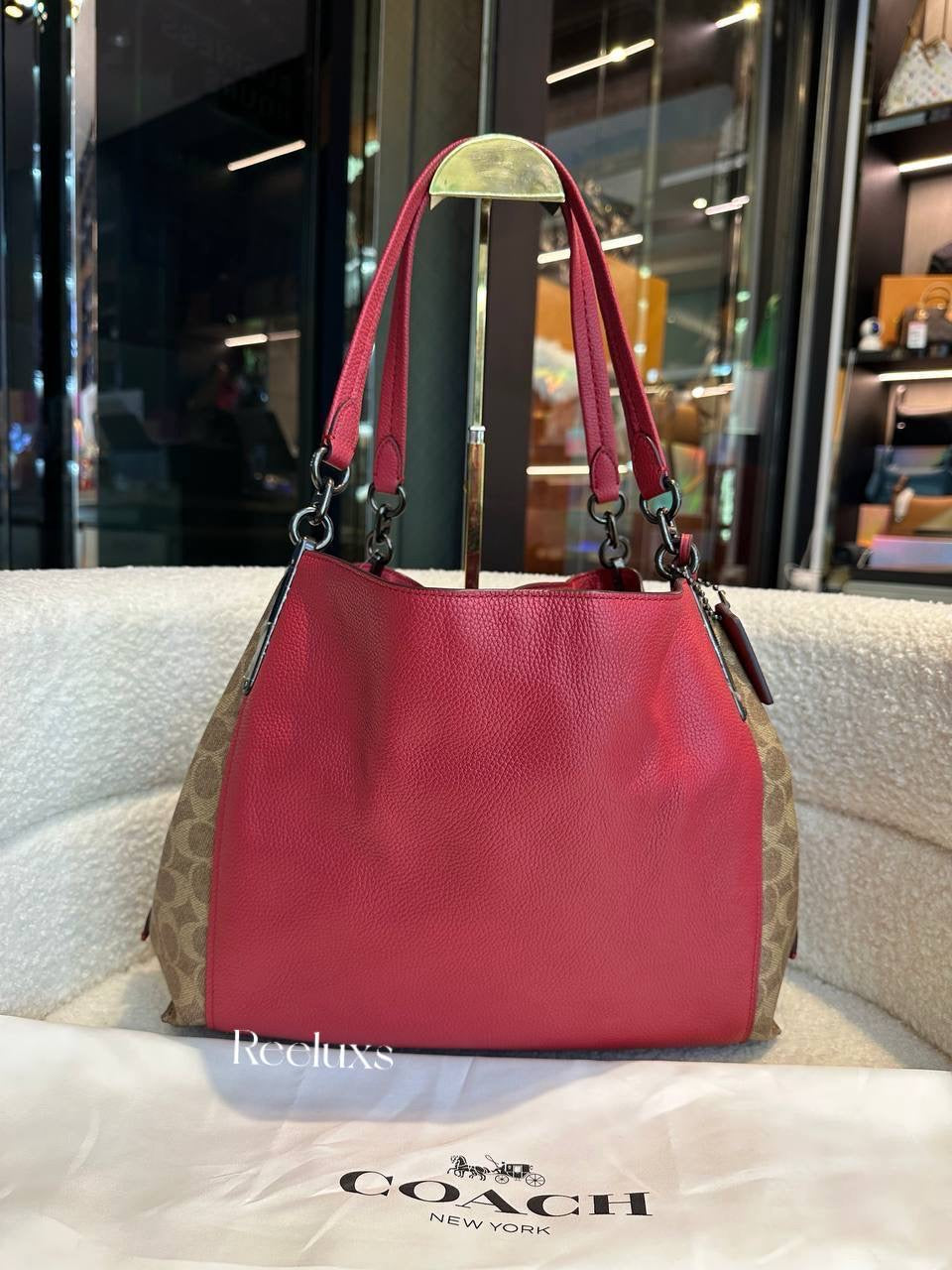 COACH Dalton 31 With Signature Canvas Blocking Tan Red Apple Shoulder Bag