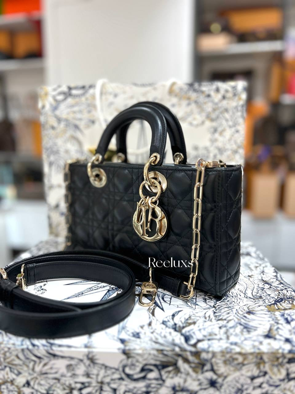 Full Set  DIOR-Medium Lady D-Joy Bag Black Cannage Calfskin with Diamond Motif