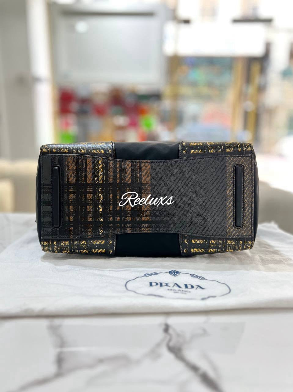 PRADA Tartan Print Tessuto Nylon & Saffiano Leather Satchel Cammello Tote Handbag