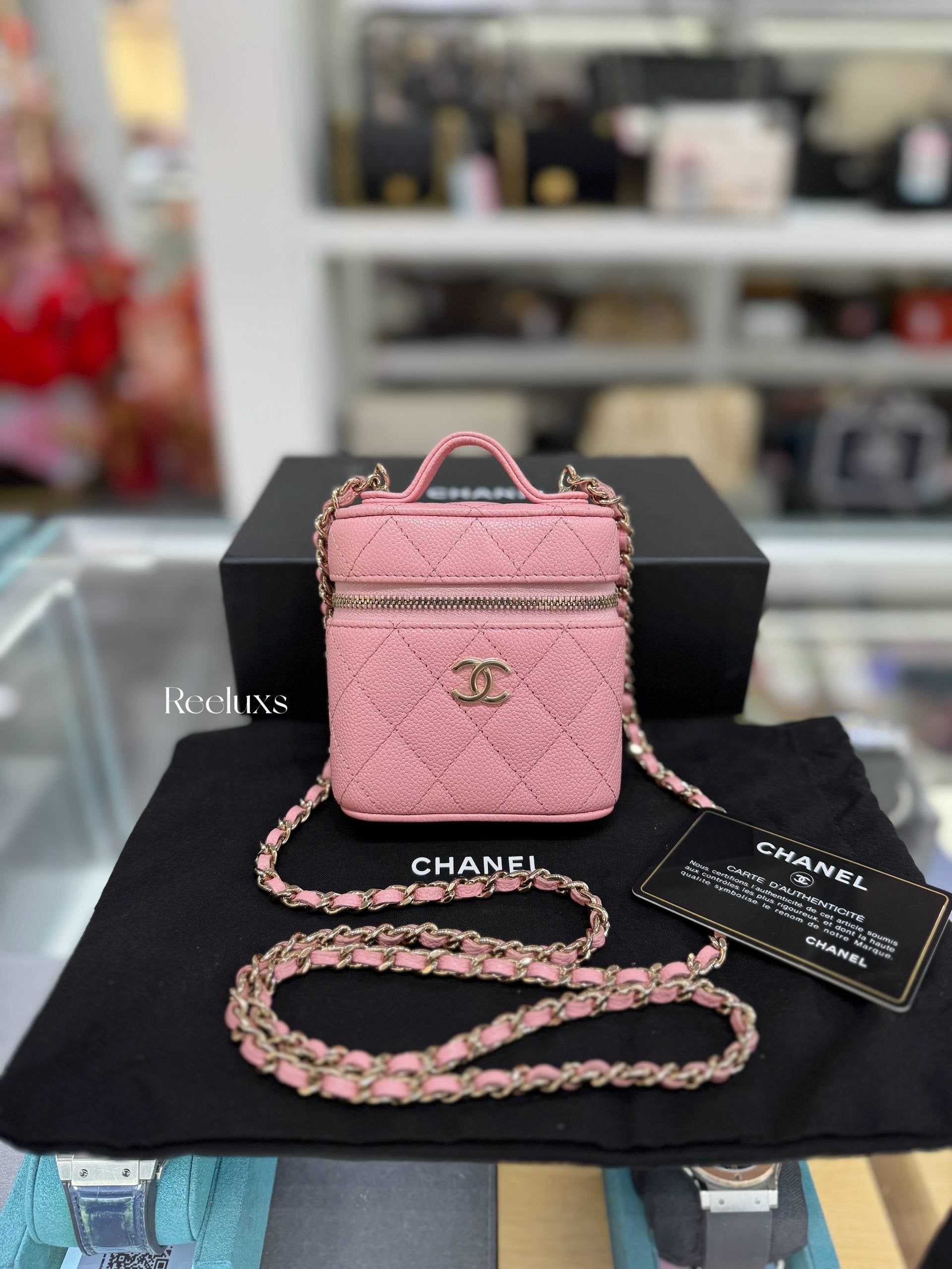 Full Set CHANEL 22C Sakura Pink Top Handle Mini Vanity Bag