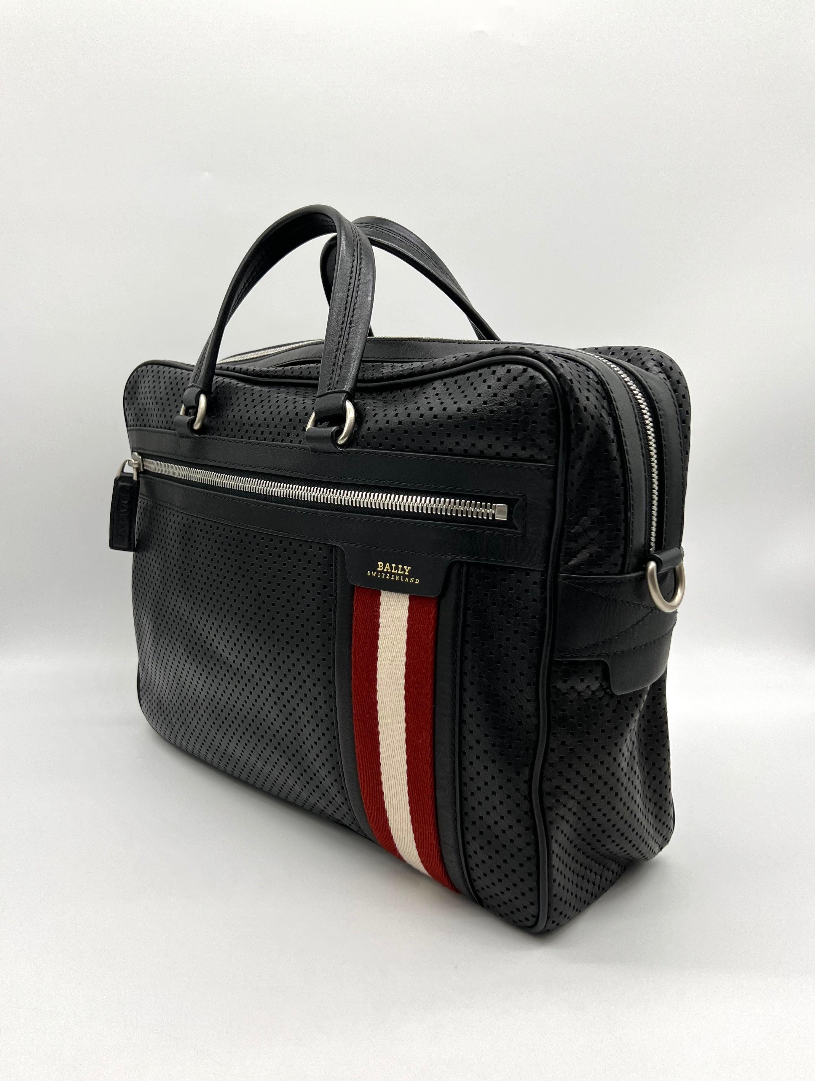 BALLY of Switzerland black leather briefcase bag w stripe - Reeluxs 