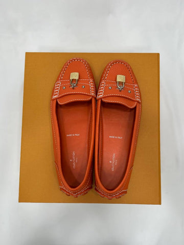 LOUIS VUITTON LV Orange Leather Lock Detail Slip On Loafer