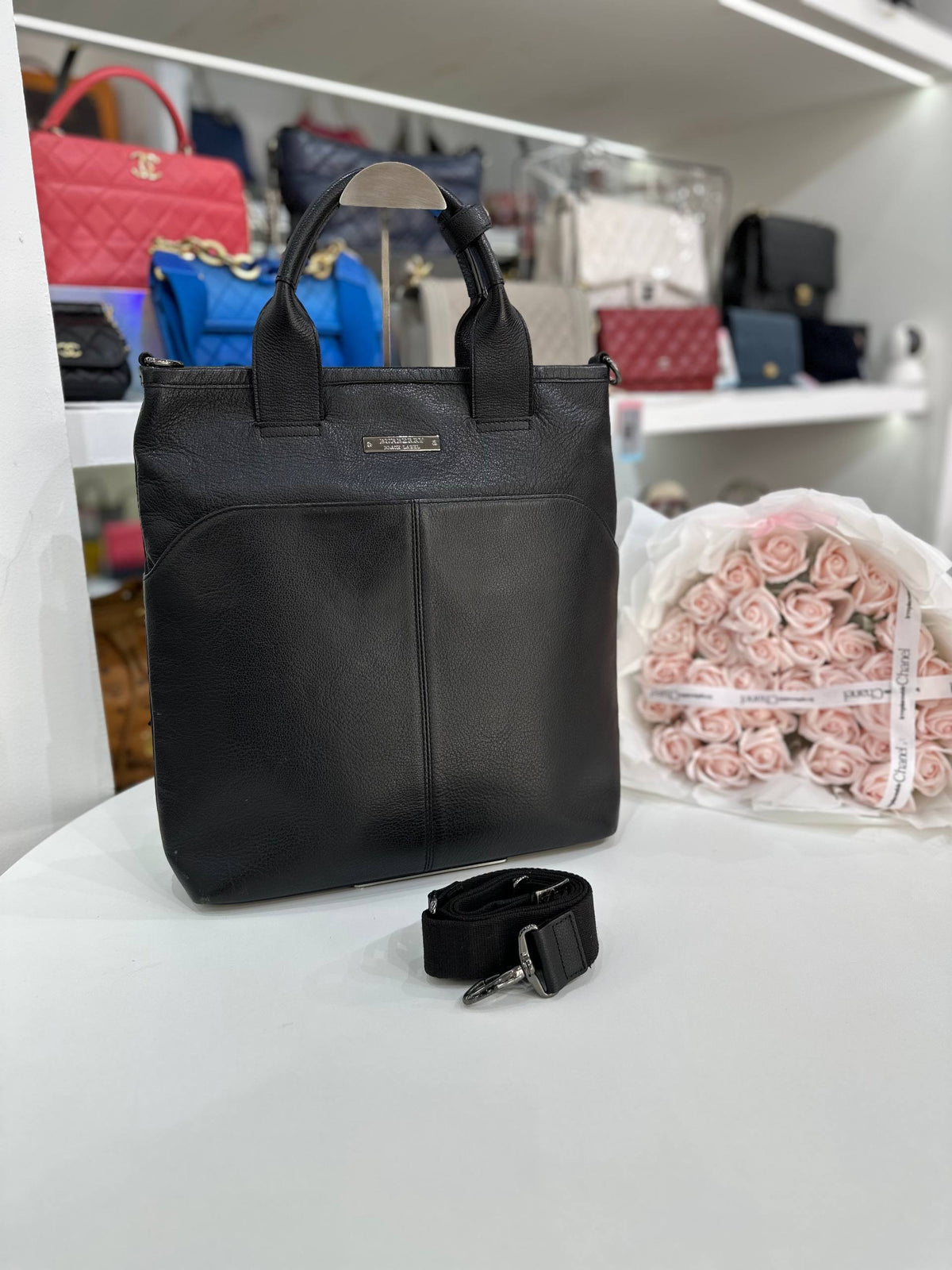 BURBERRY Black Leather Top Handle Shoulder Tote Bag