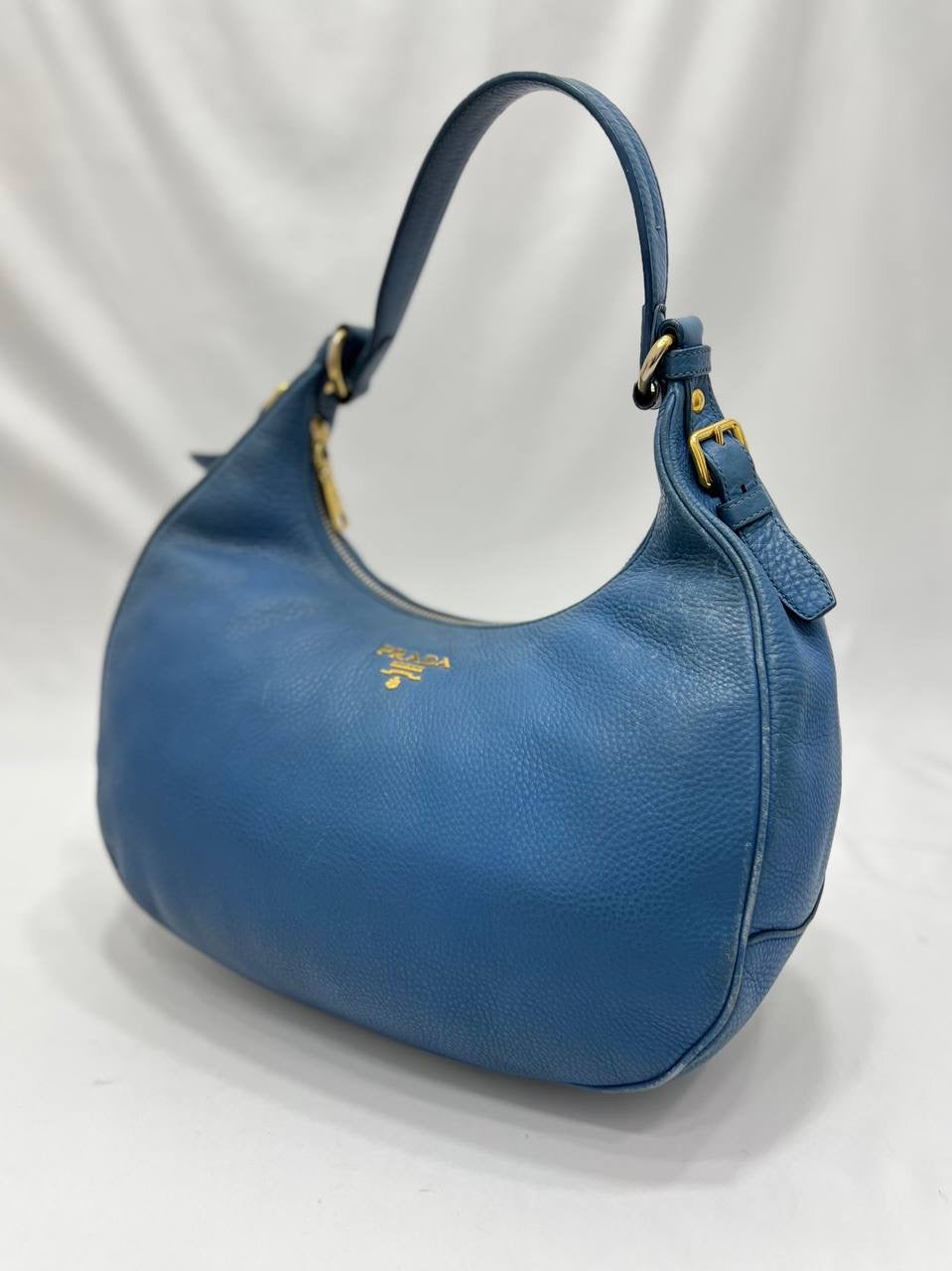 PRADA Blue Pebbled Leather Hobo Women Shoulder Bag
